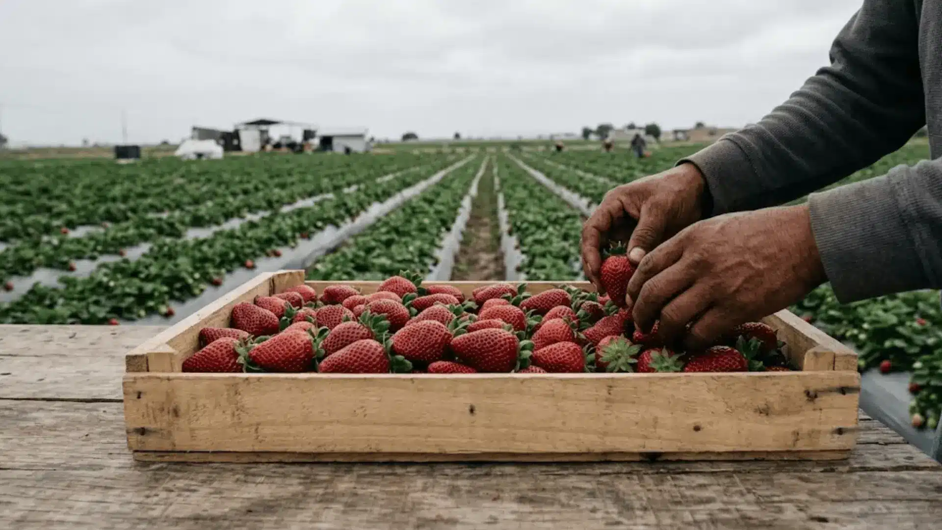 freshly harvested irapuato strawberries in a wooden crate at a guanajuato strawberry farm