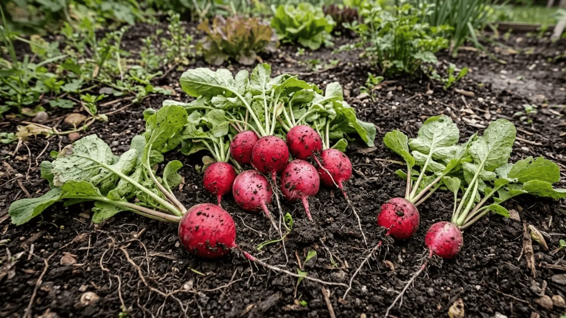 freshly harvested red radishes with green tops resting on dark moist garden soil