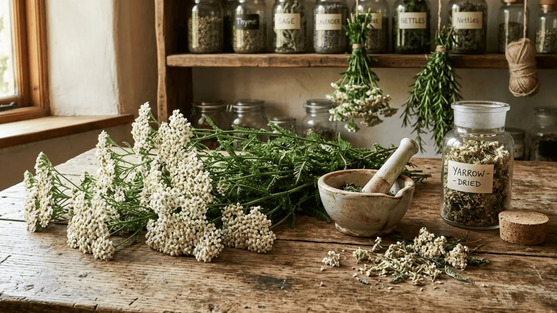 freshly harvested yarrow stems with white flower clusters and feathery leaves on a wooden herbalist's table