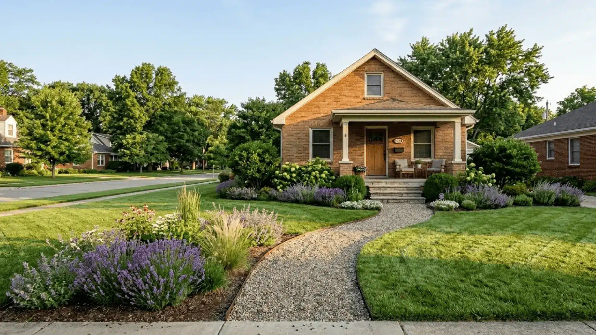 freshly landscaped front yard with gravel pathway, garden beds, and green lawn in early morning sunlight