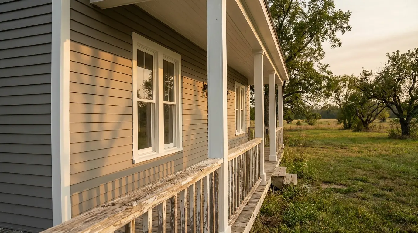Wooden porch of rural house with warm sunlight against green countryside backdrop