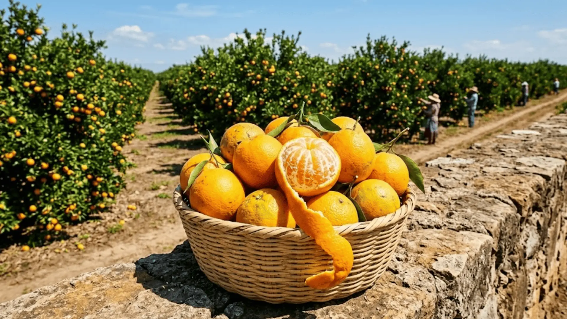 freshly picked mexican oranges in a reed basket on a stone wall in a veracruz citrus grove