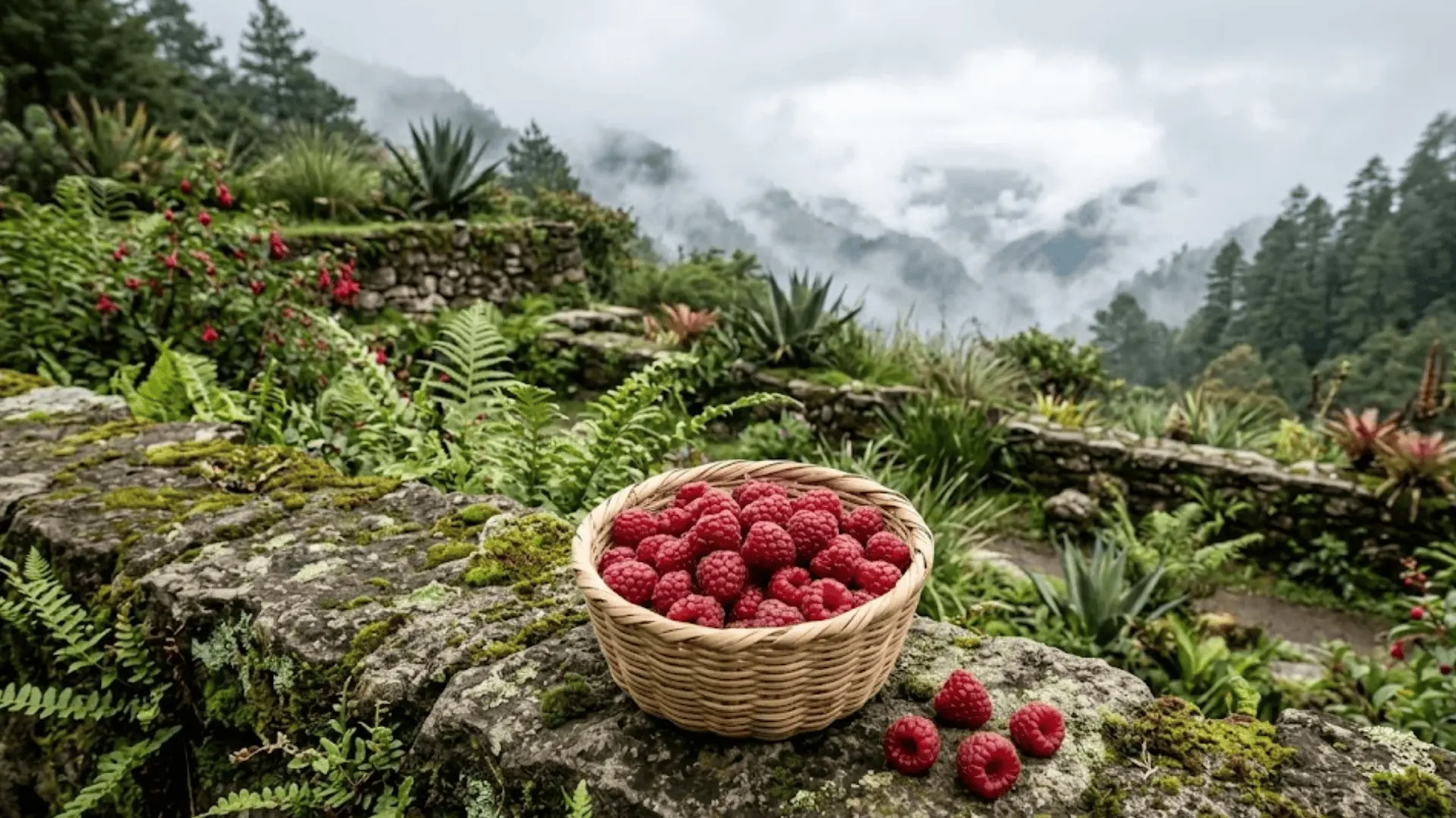 freshly picked raspberries in a woven basket on a moss-covered stone wall in a mexican mountain garden