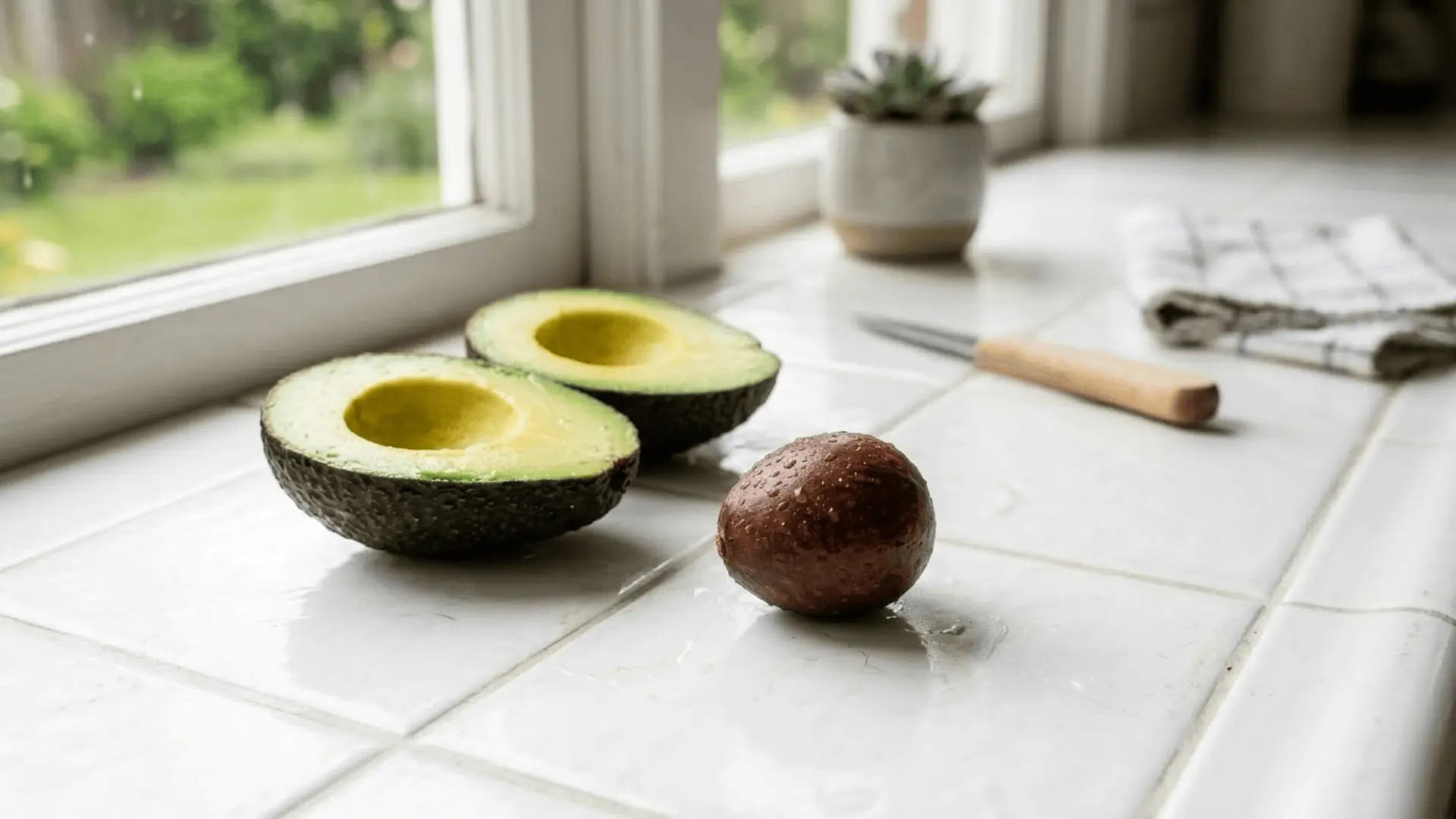 freshly rinsed avocado pit on a white kitchen counter beside a halved avocado in natural light