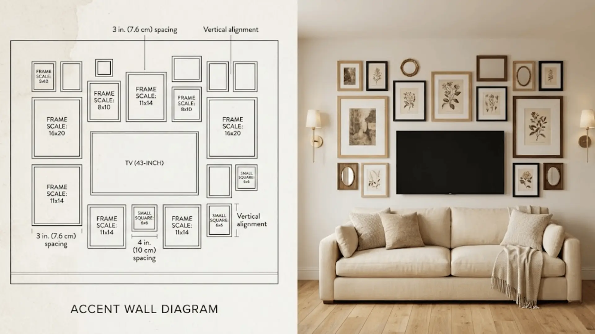 gallery wall around tv in rectangular living room with mixed frames and warm ambient lighting