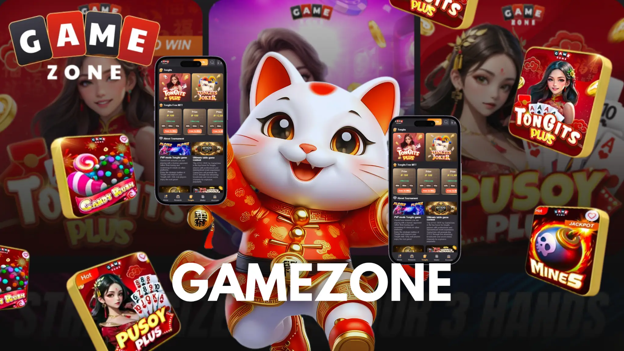 Cat character with raised arms surrounded by mobile game app icons and phones displaying game screens