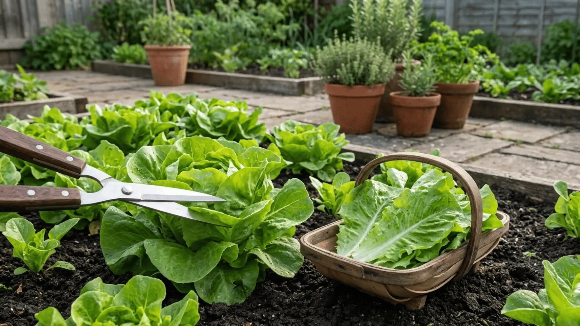 garden scissors harvesting fresh outer lettuce leaves into a rustic wooden trug basket in an early morning kitchen garden