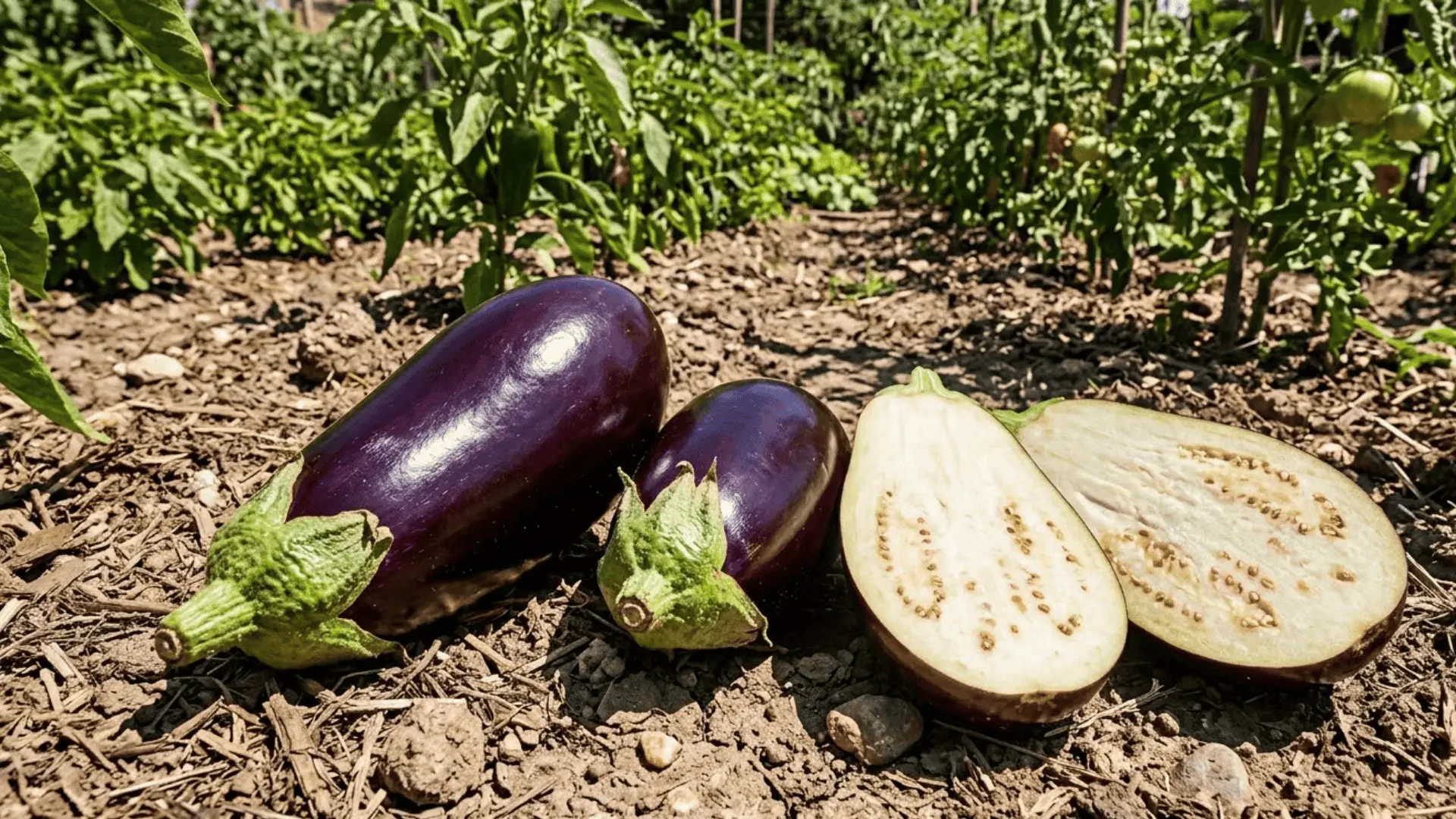 glossy purple eggplant whole and sliced on garden soil showing pale seeded interior