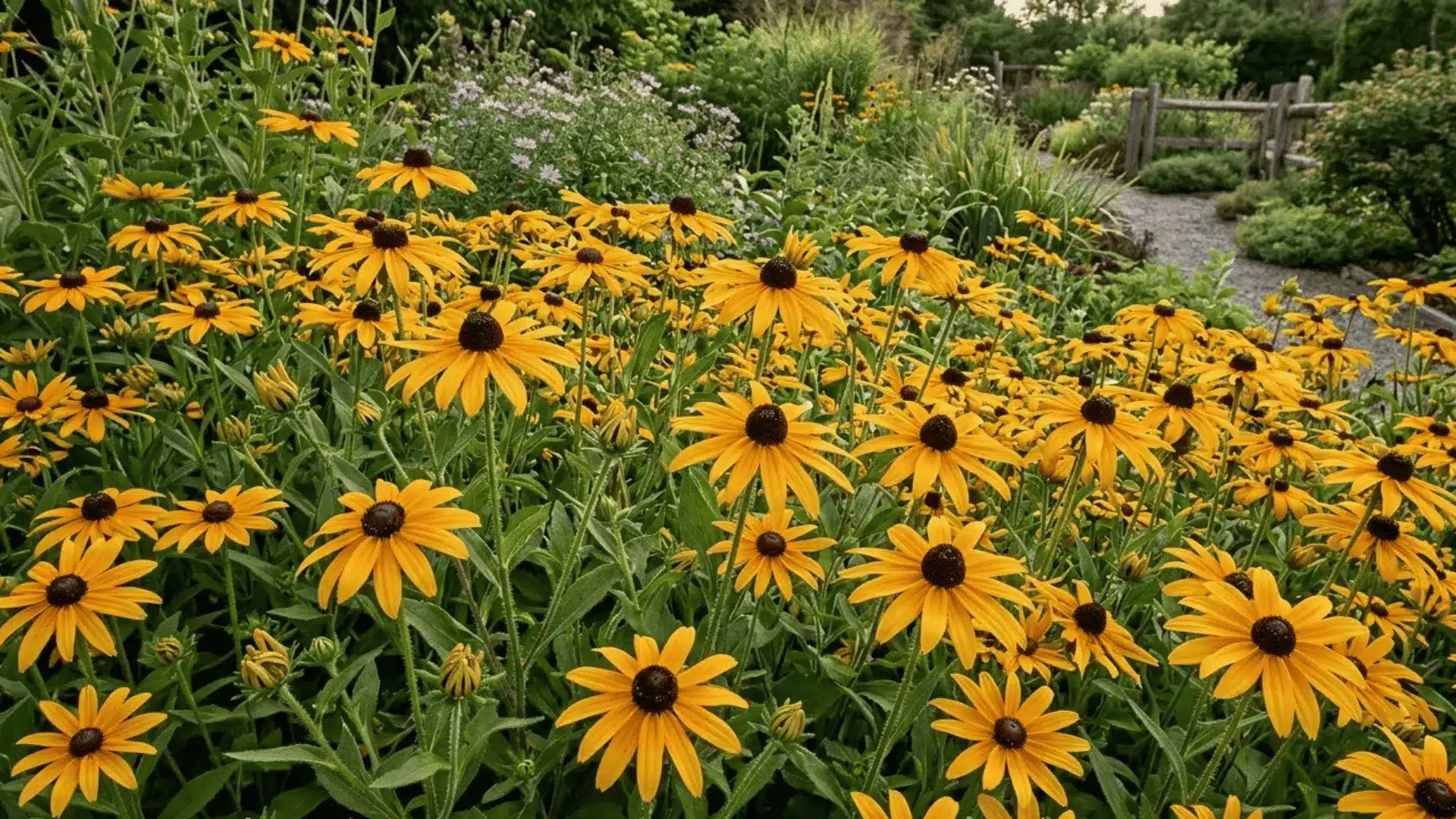 golden black-eyed susans with dark centers in a naturalistic late summer garden bed in sharp natural light