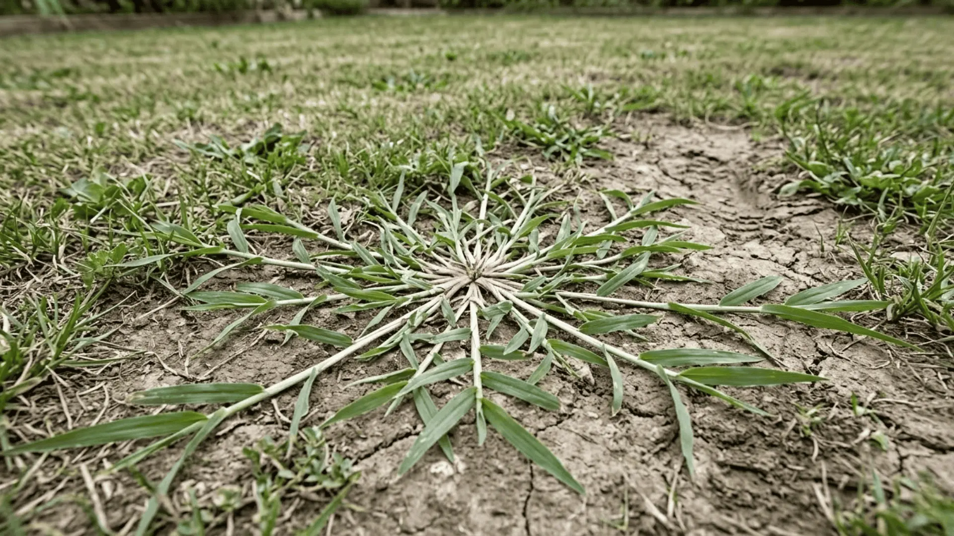 goosegrass with flattened star-shaped base and silvery stems spreading across compacted high-traffic lawn soil