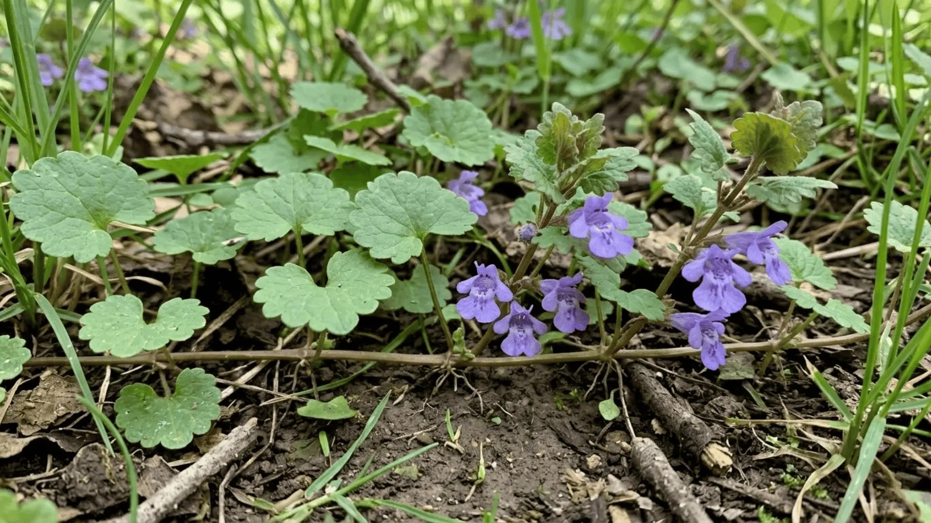 ground ivy creeping across shaded lawn with round scalloped leaves and small purple-blue flowers