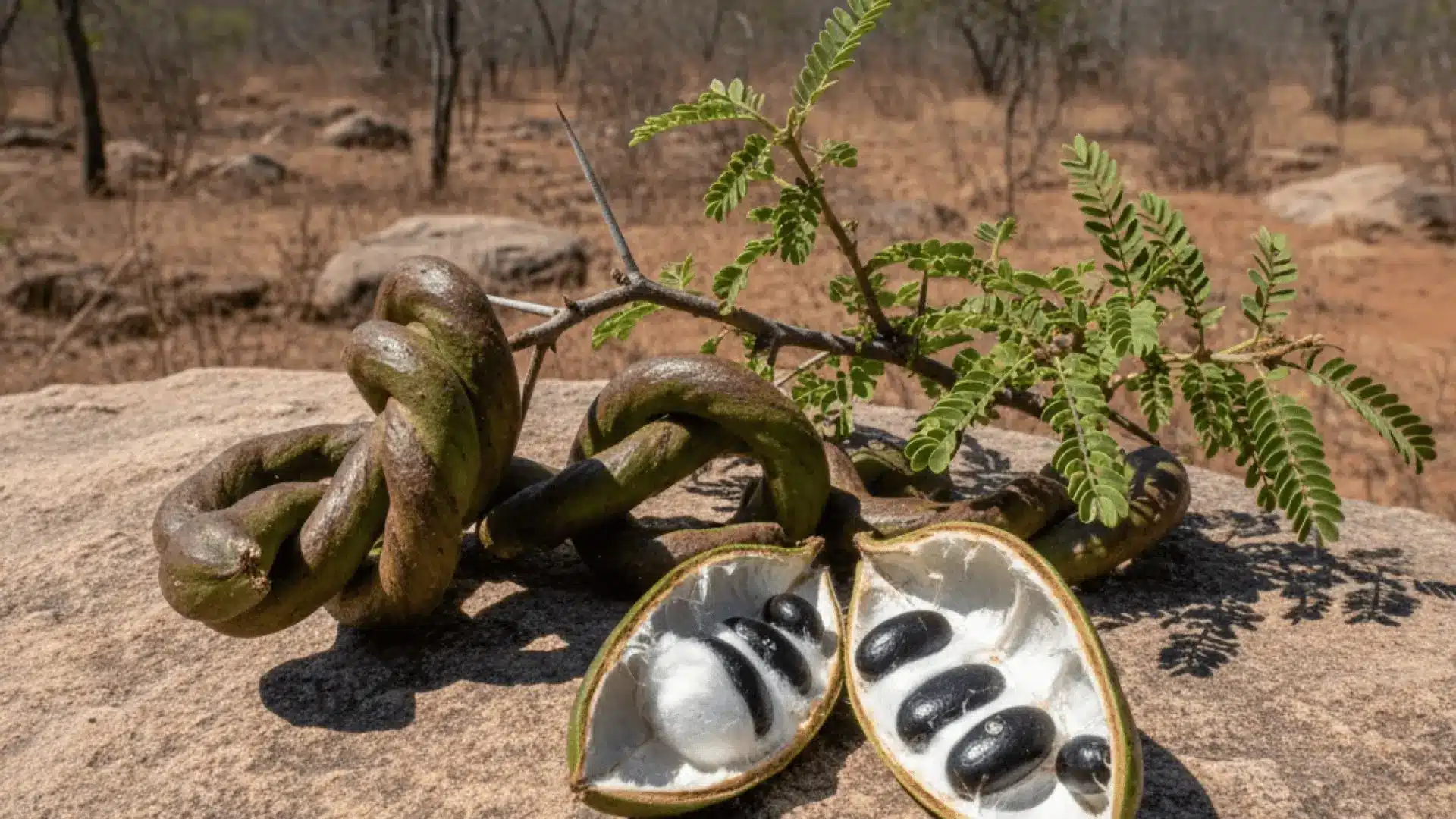 guamúchil pods cracked open showing white pulp on a rock in a dry sinaloa scrubland landscape