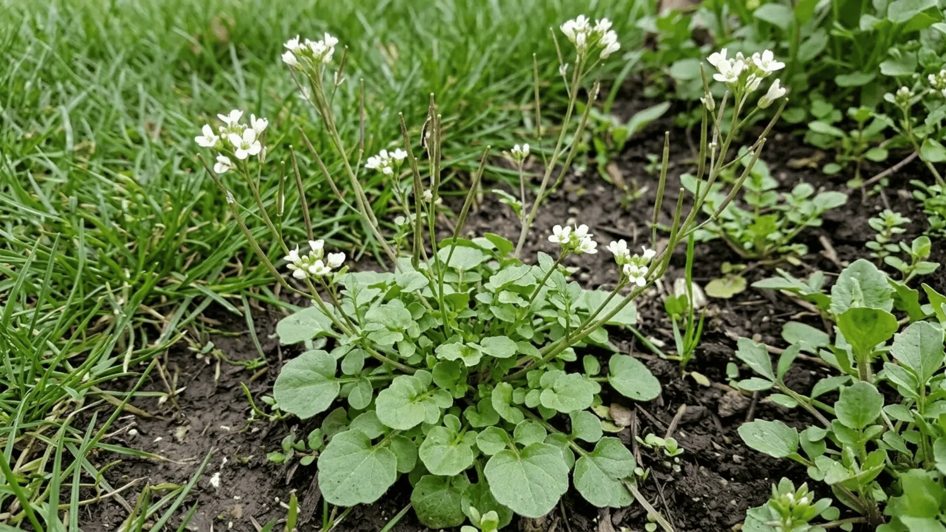 hairy bittercress with tiny white flowers and upright seed pods growing at the edge of a moist lawn