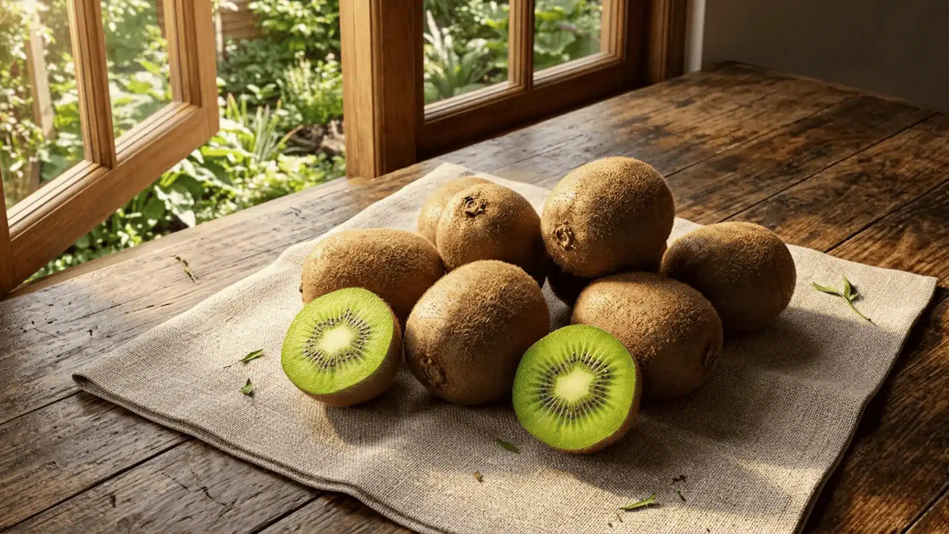 halved kiwi fruit showing green flesh and black seeds on linen cloth in natural light