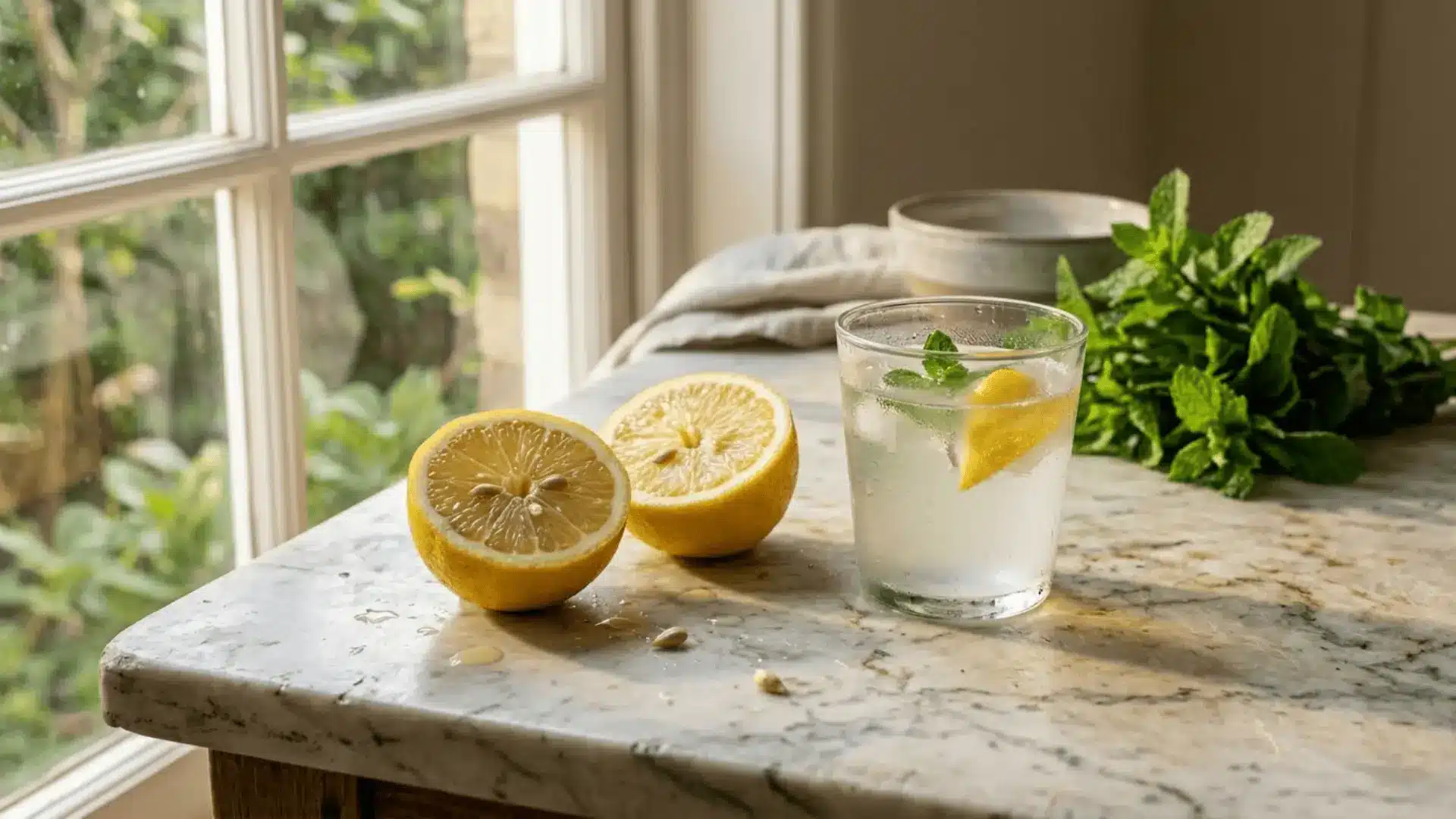 halved lemon and glass of lemon water on marble countertop in natural morning light