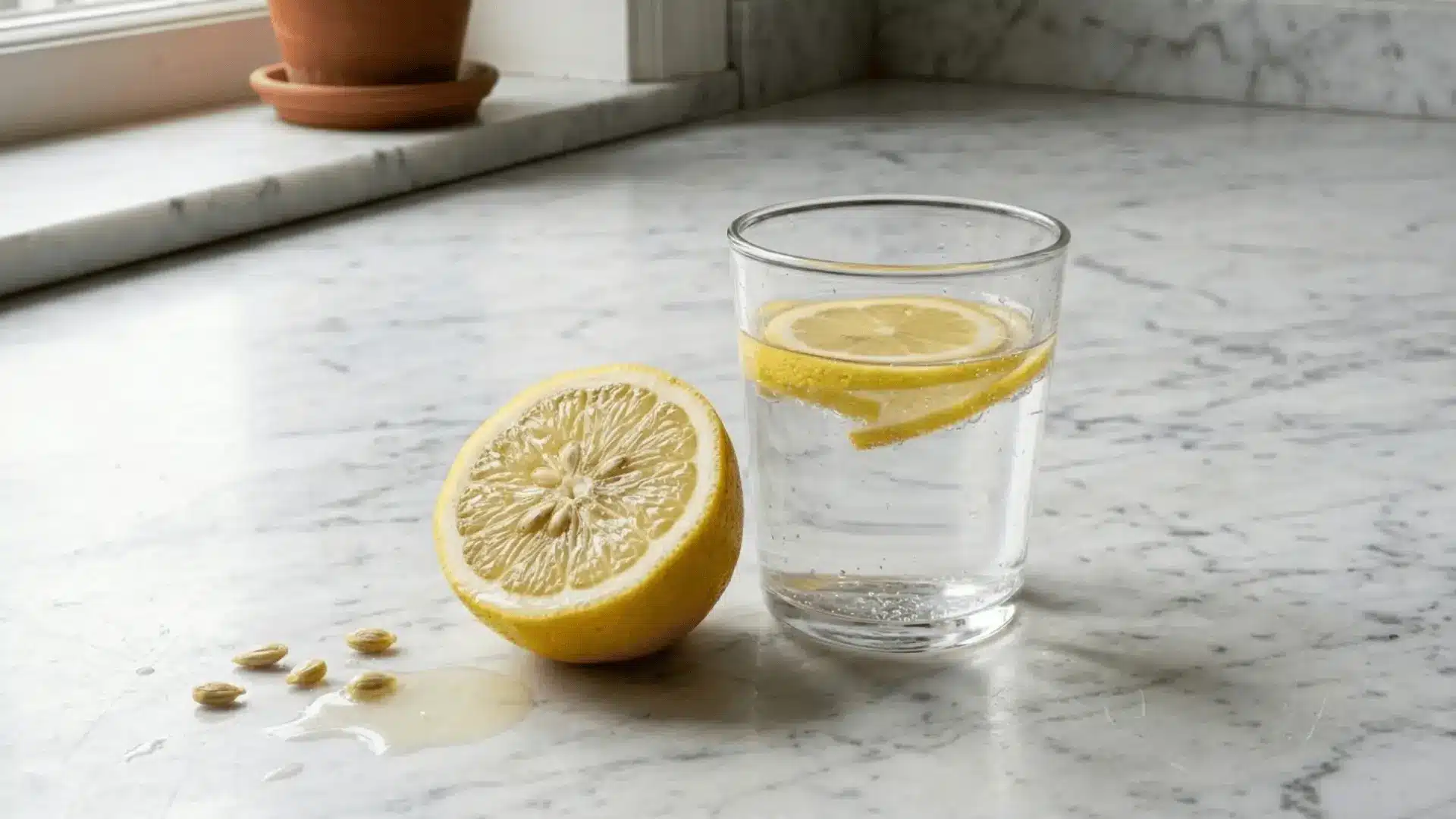 halved lemon and lemon water in a clear glass on a white marble surface in natural light