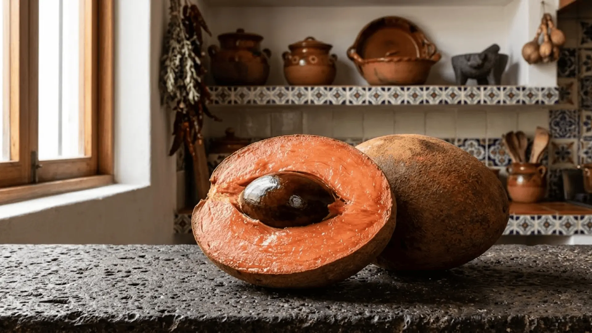 halved mamey sapote showing deep orange flesh and dark seed on a volcanic stone surface