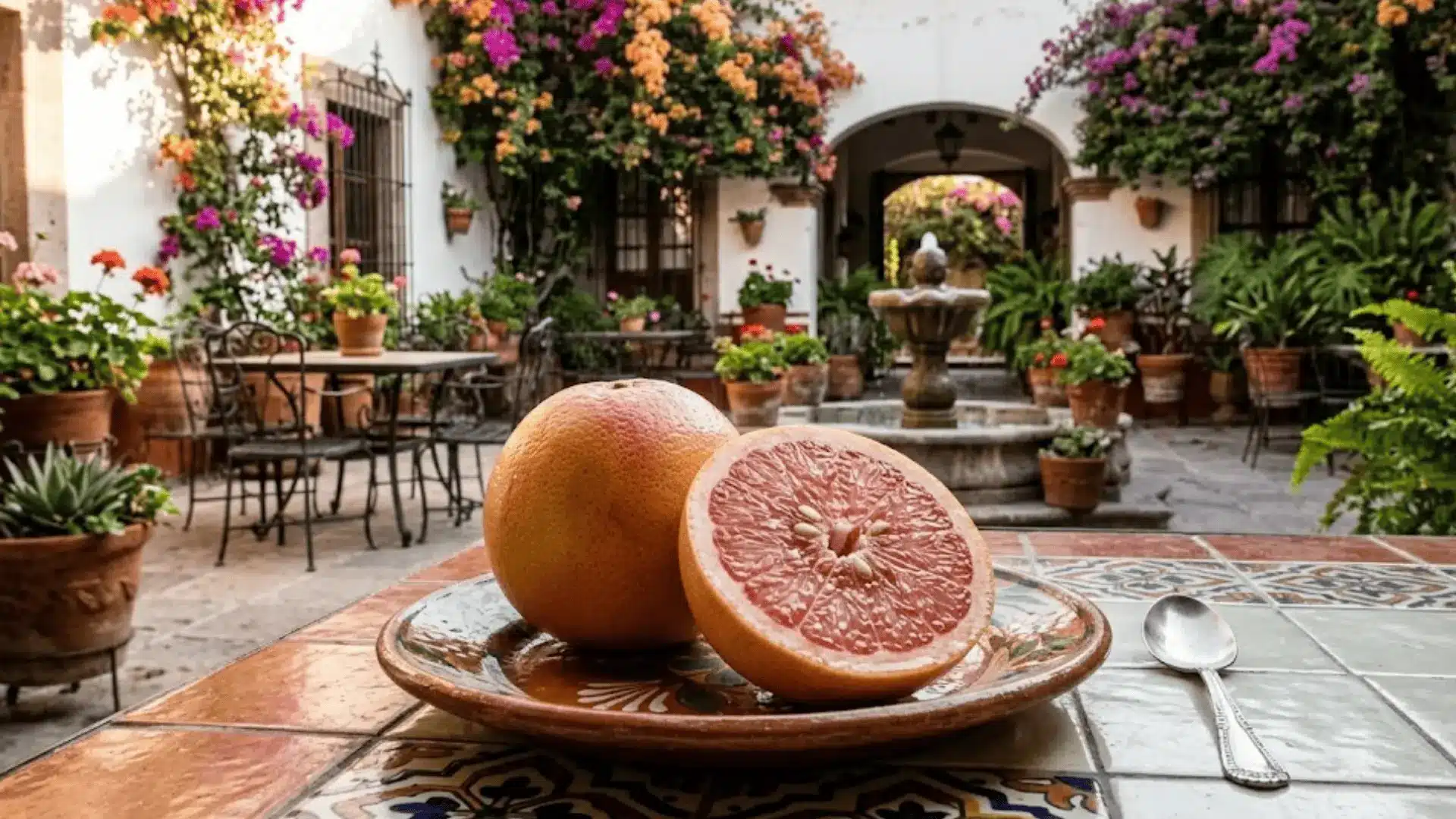 halved pink grapefruit on a ceramic plate in a sunlit mexican hacienda courtyard