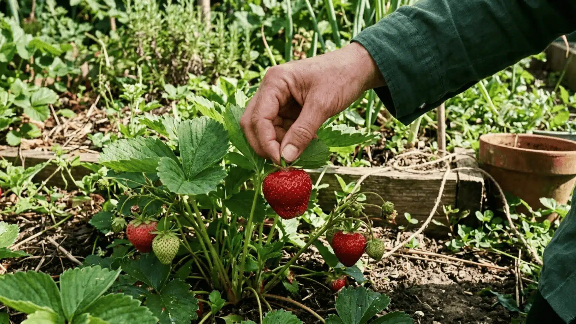 hand pinching a ripe strawberry at the stem mid-pick in a home garden with natural light and foliage