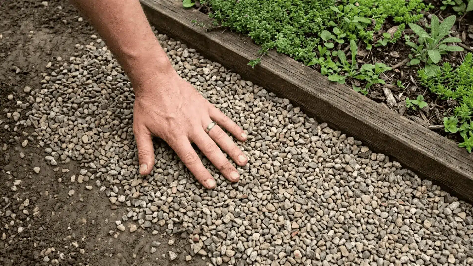 hand pressing crushed gravel onto prepared dirt surface in a residential backyard garden