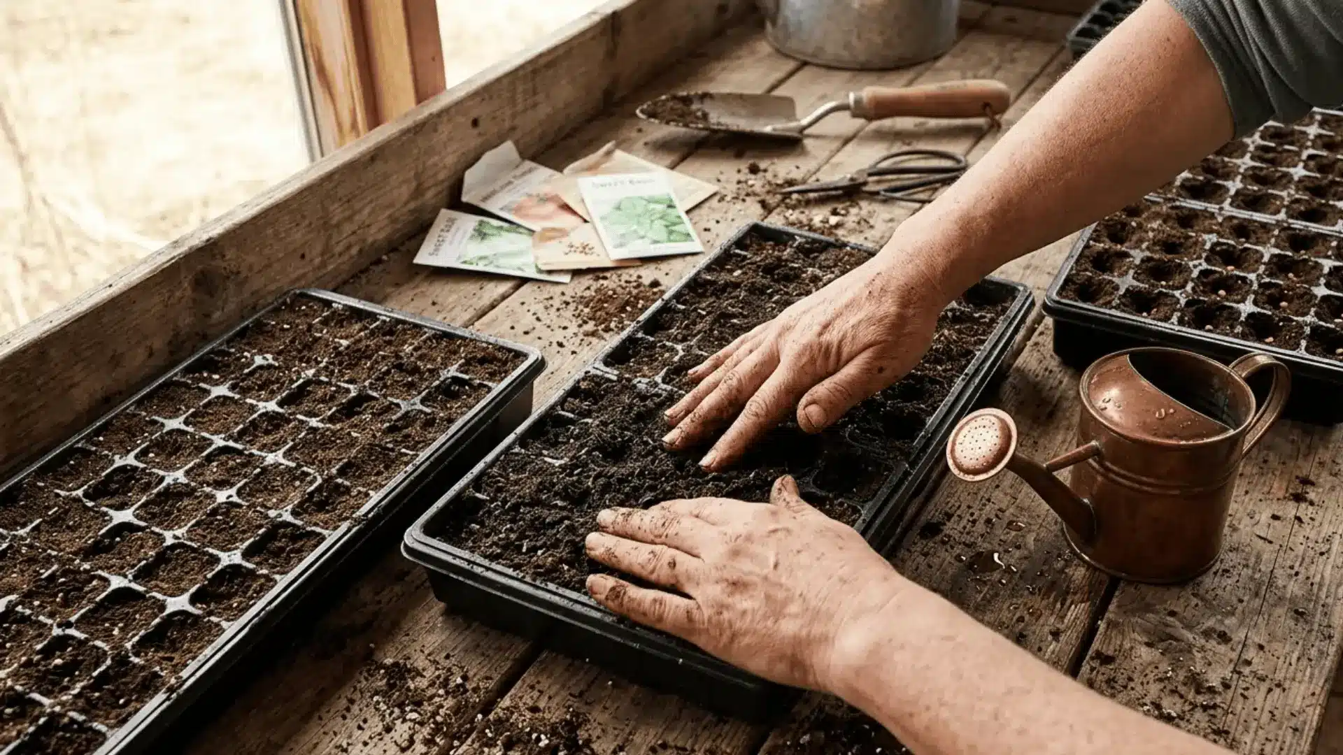 hands filling seed starting trays on a wooden potting bench with tools and seed packets in natural light
