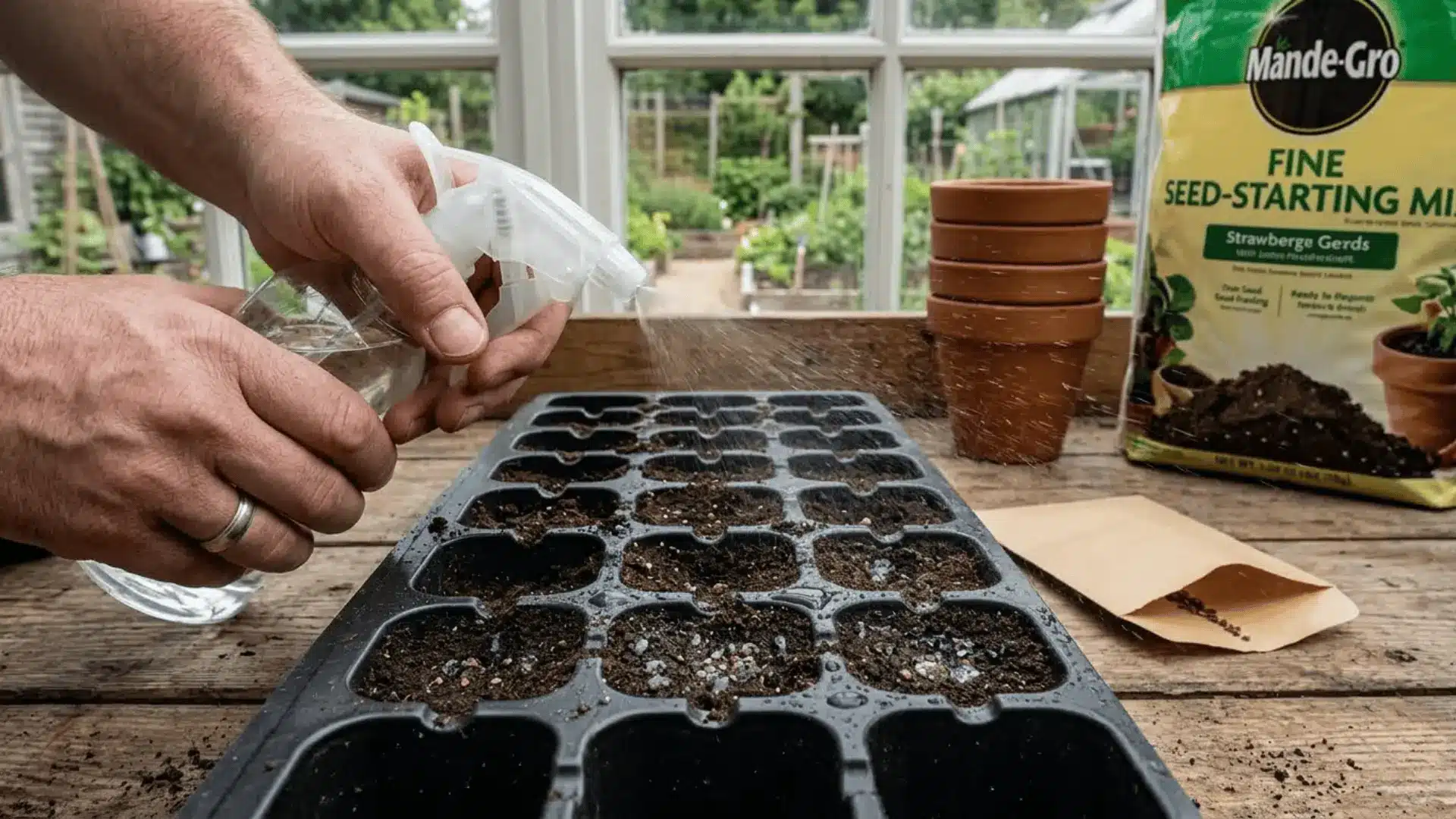 hands misting water onto a seeded black plastic tray on a wooden bench using a spray bottle