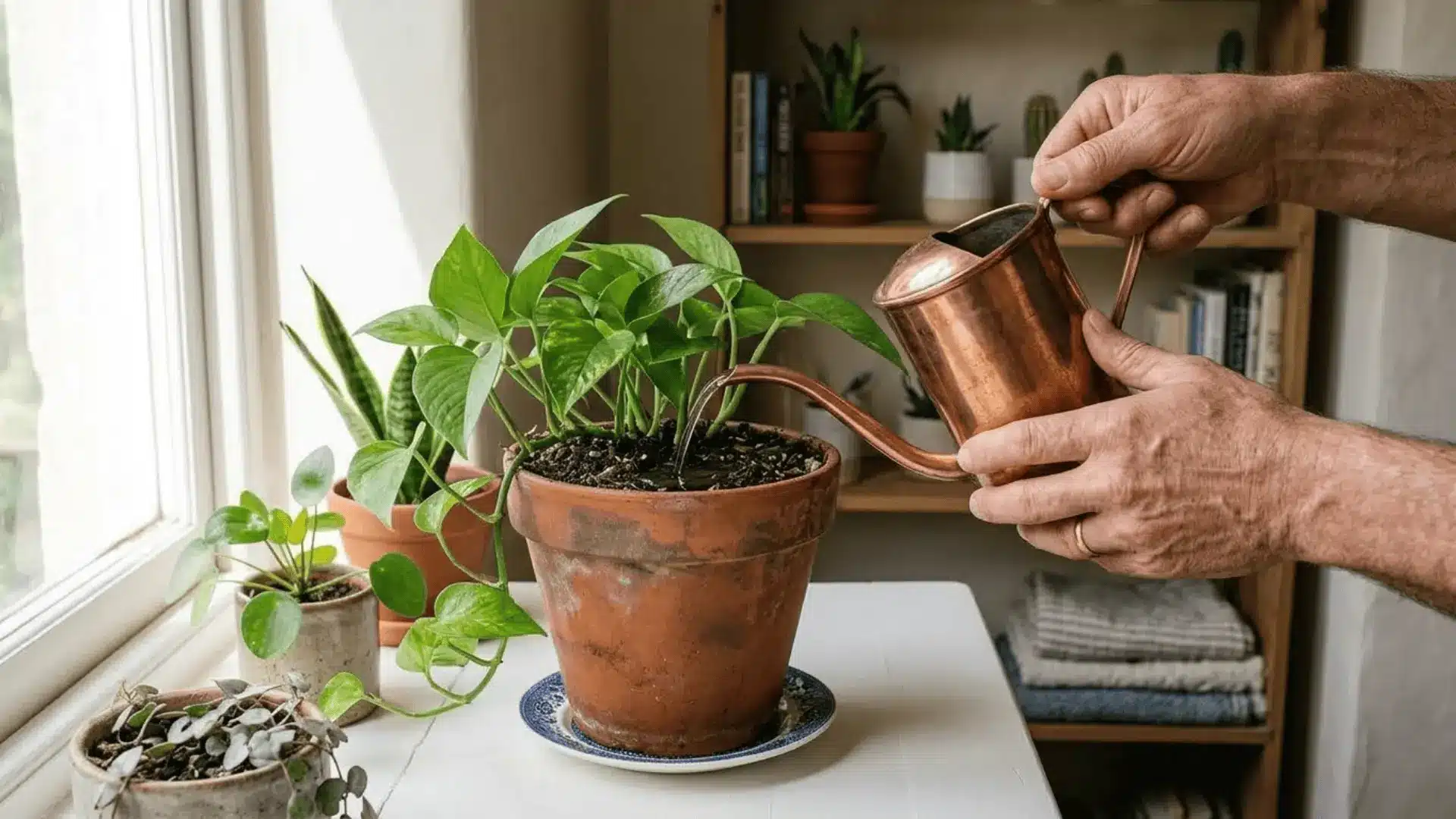 hands pouring water from a copper watering can into a pothos plant on a bright windowsill
