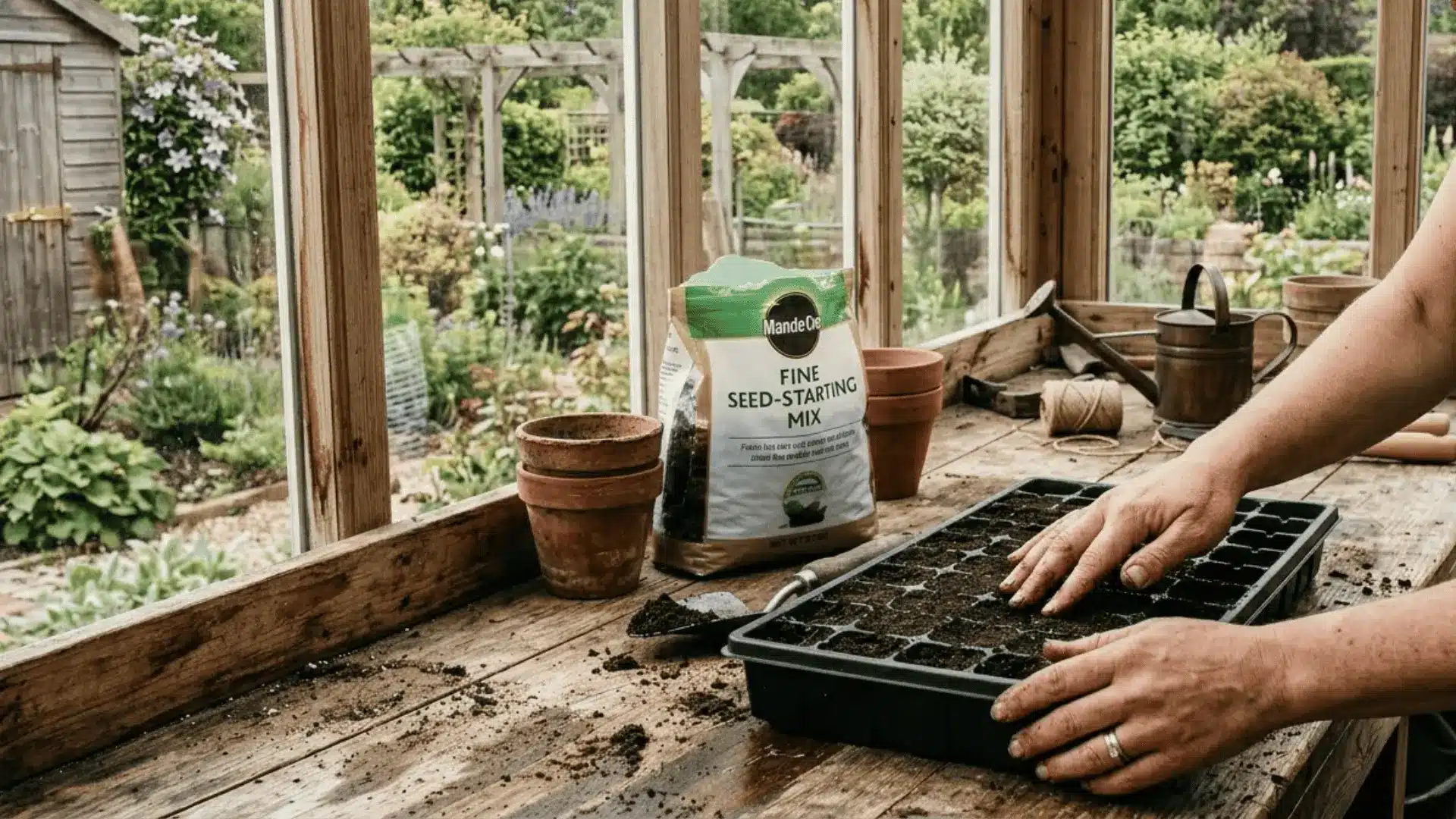 hands pressing seed-starting soil mix into a black plastic seed tray on a wooden potting bench