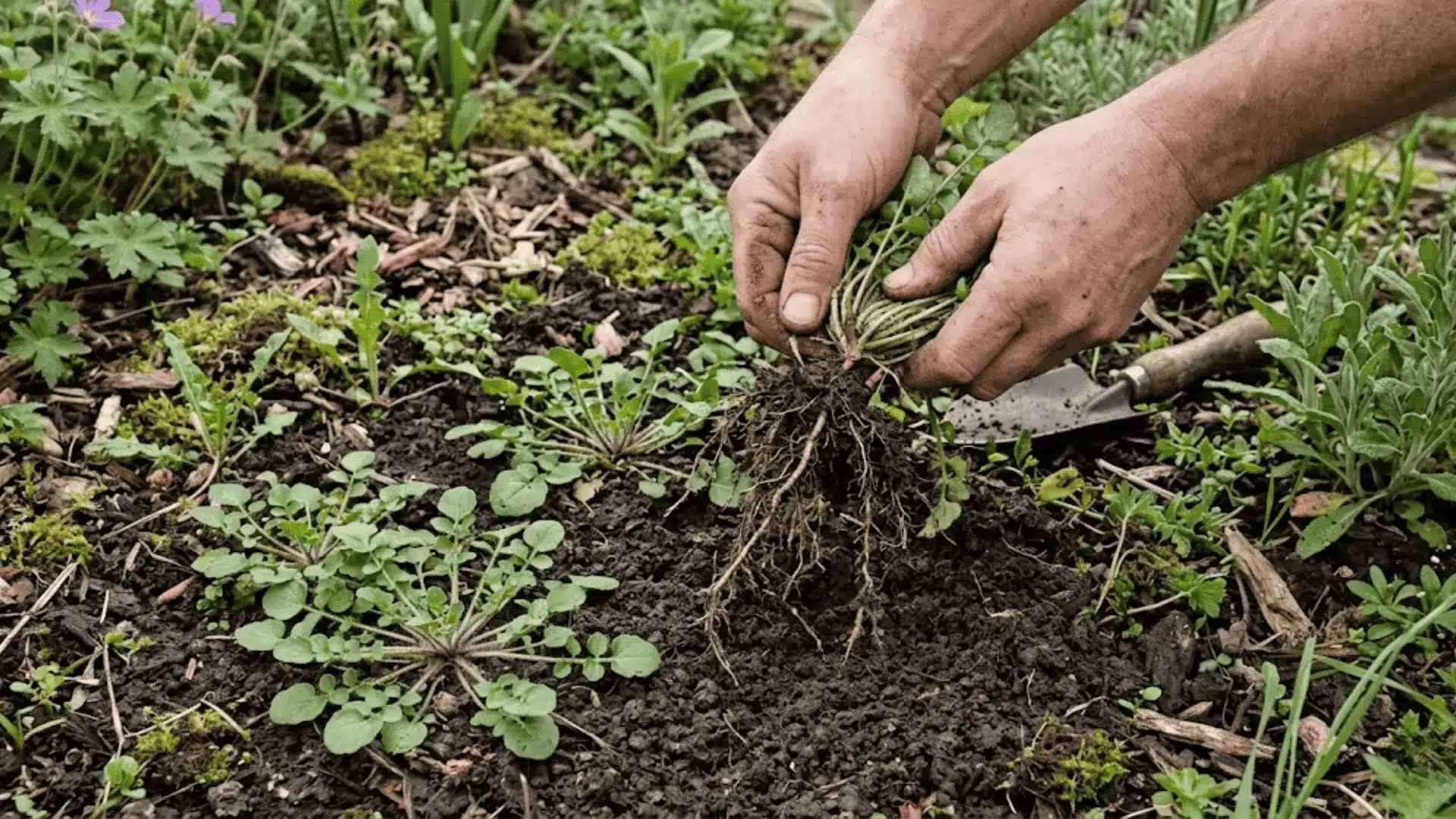 hands pulling hairy bittercress plant from moist garden soil with full root system visible