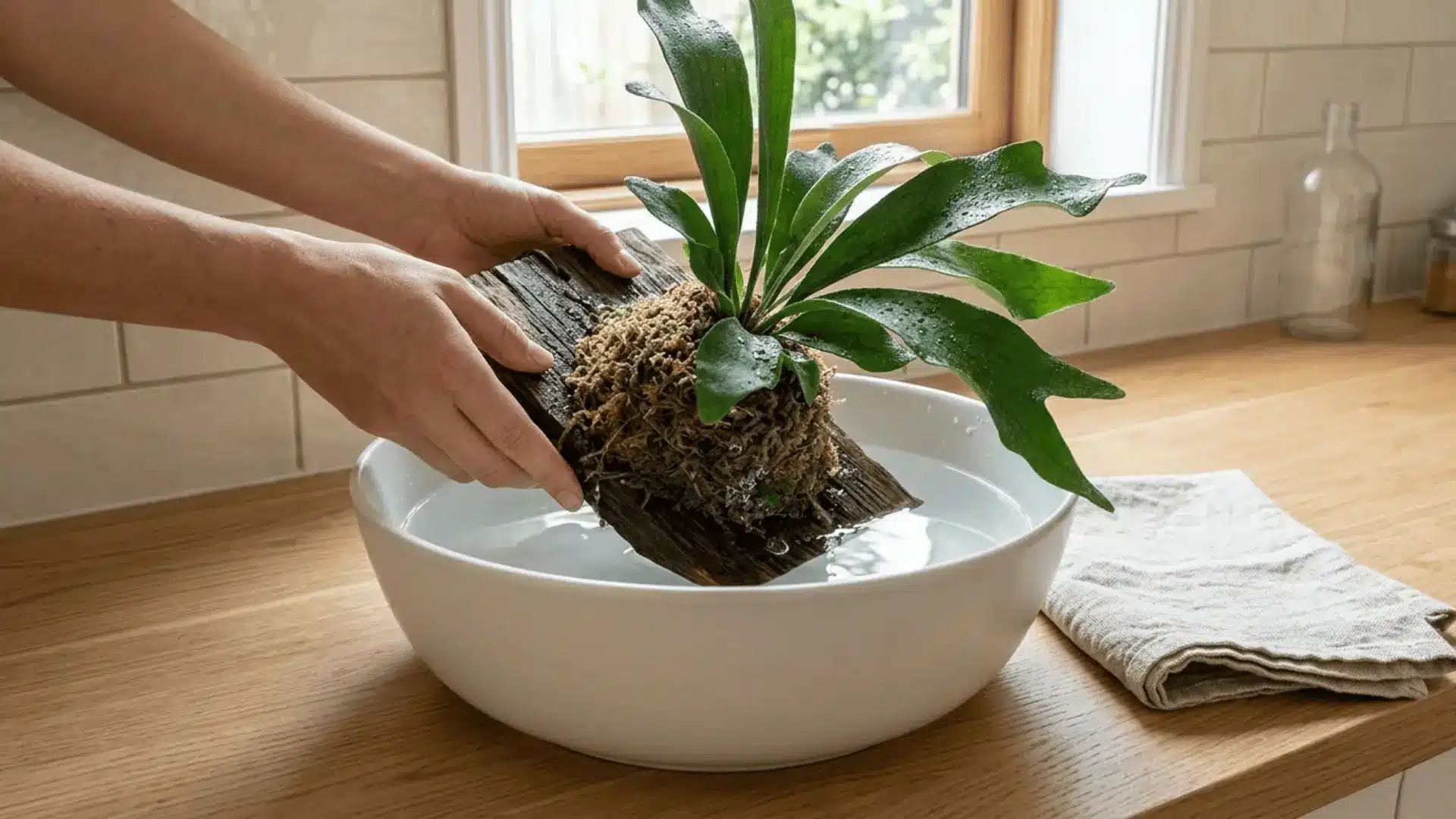 hands submerging a staghorn fern mount into a white ceramic basin filled with water on an oak countertop