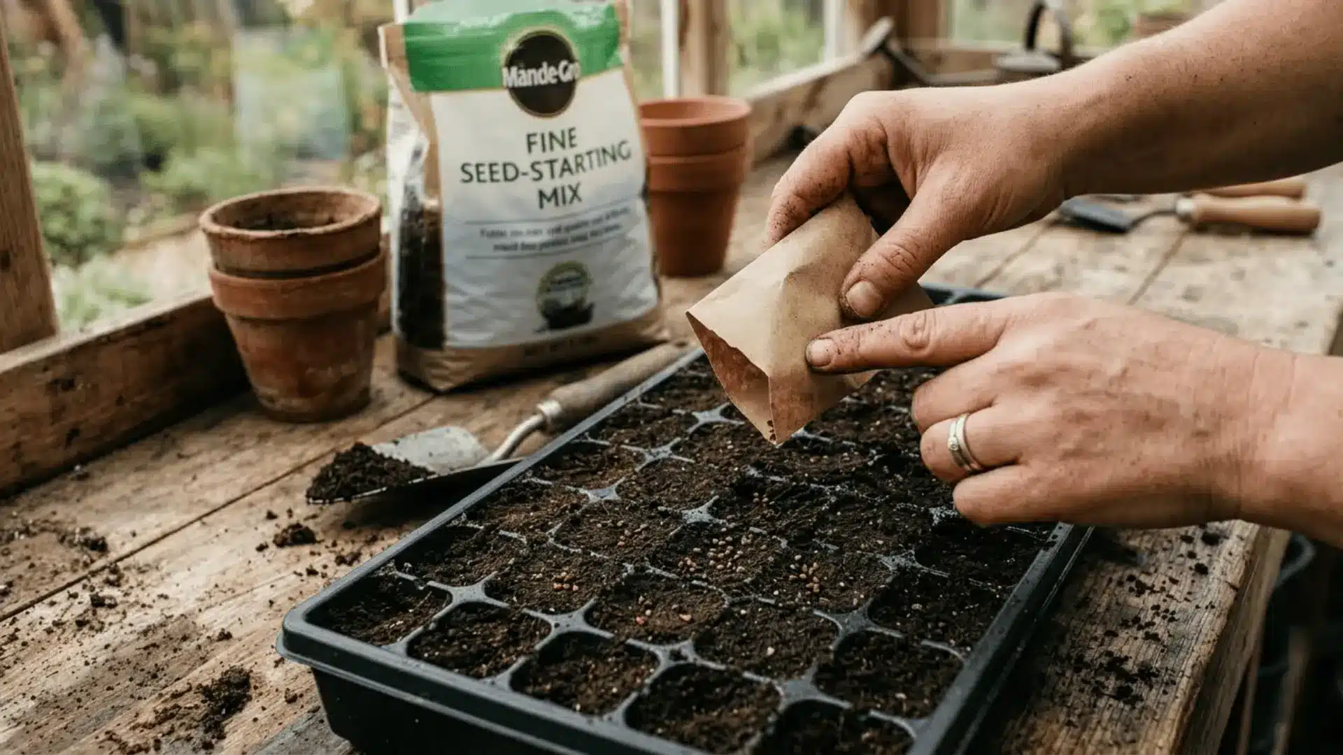 hands tapping tiny strawberry seeds onto soil surface in a black plastic seed tray