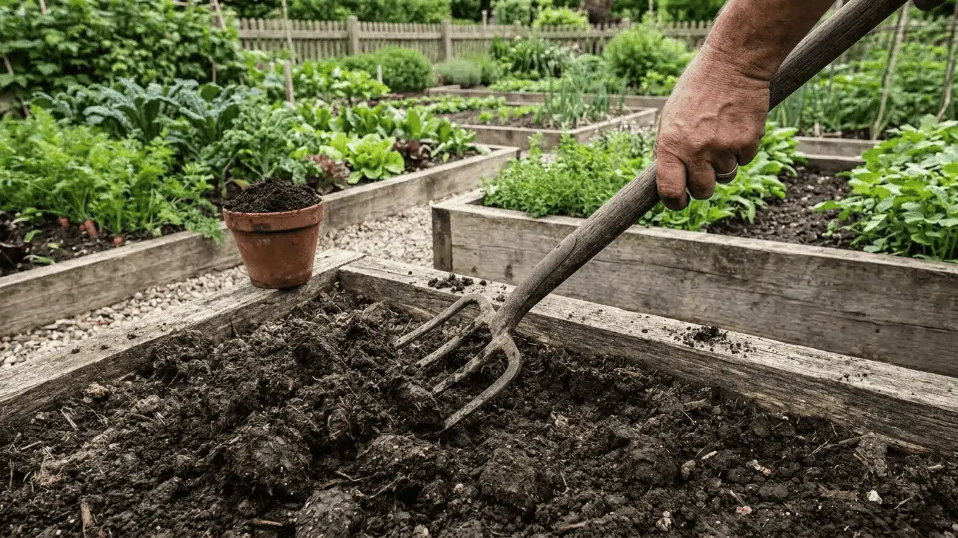 hands using a garden fork to loosen dark rich soil in a raised bed with compost nearby