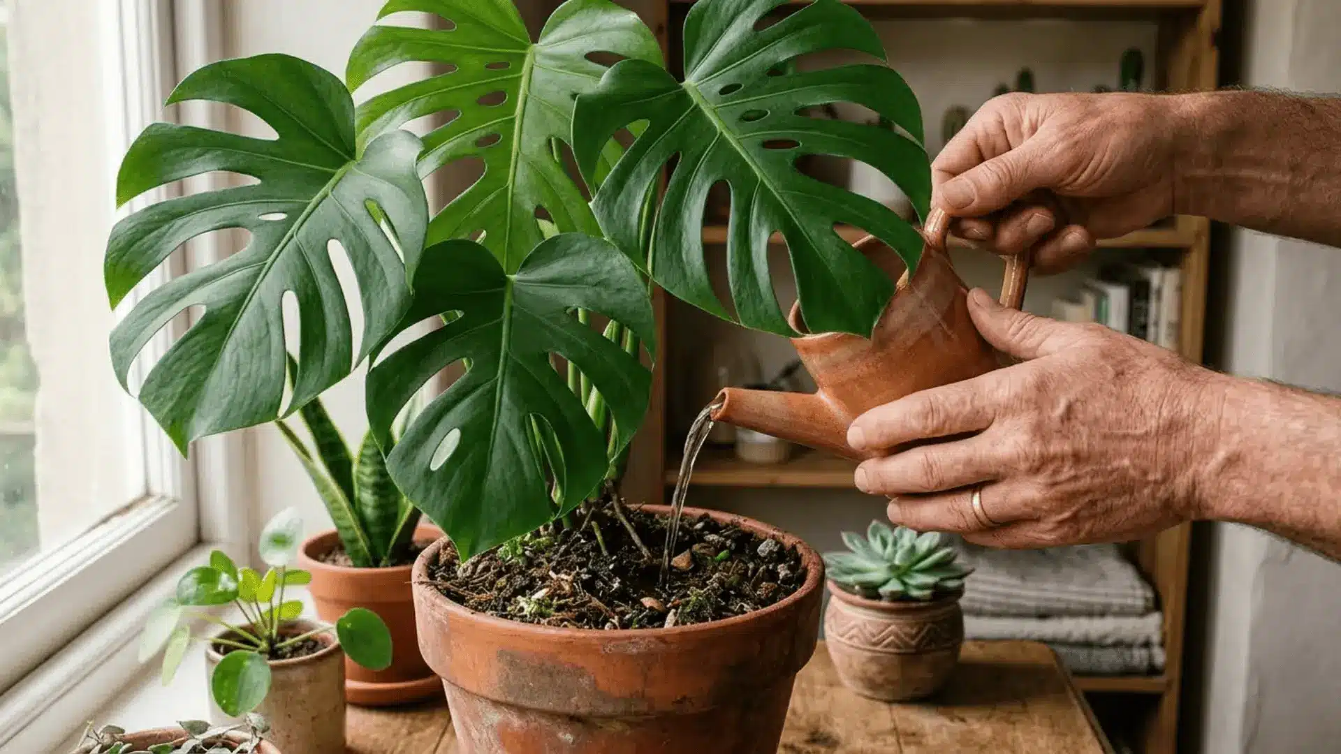 hands watering a monstera deliciosa in a terracotta pot on a wooden surface in natural light