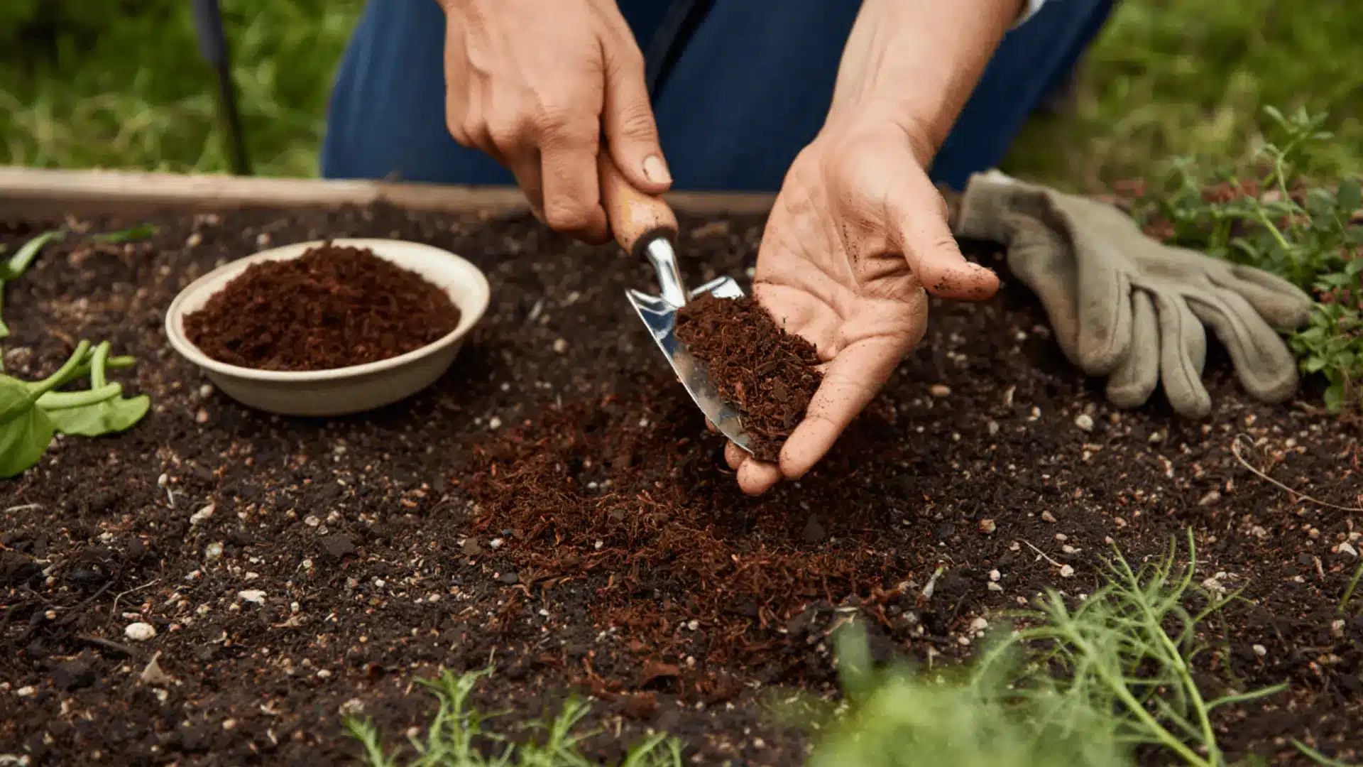 hands working a small amount of coffee grounds into garden soil with a trowel in natural daylight