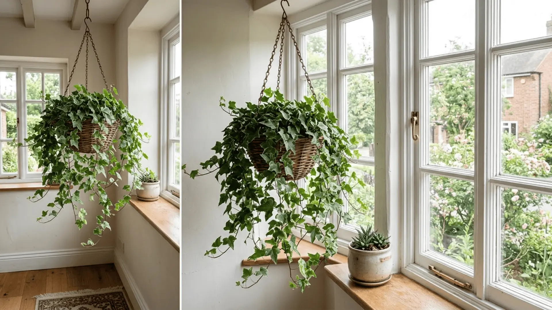 hanging basket of english ivy with trailing dark green lobed leaves near a bright indoor window