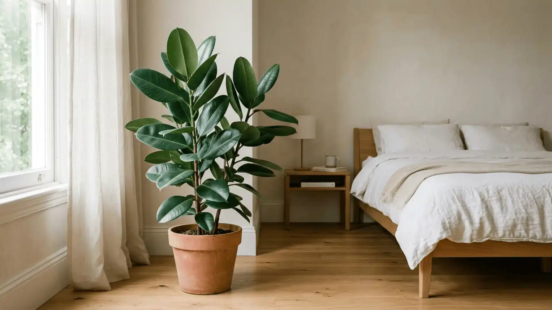 healthy ficus elastica rubber plant near bedroom window in soft morning light, minimalist neutral decor