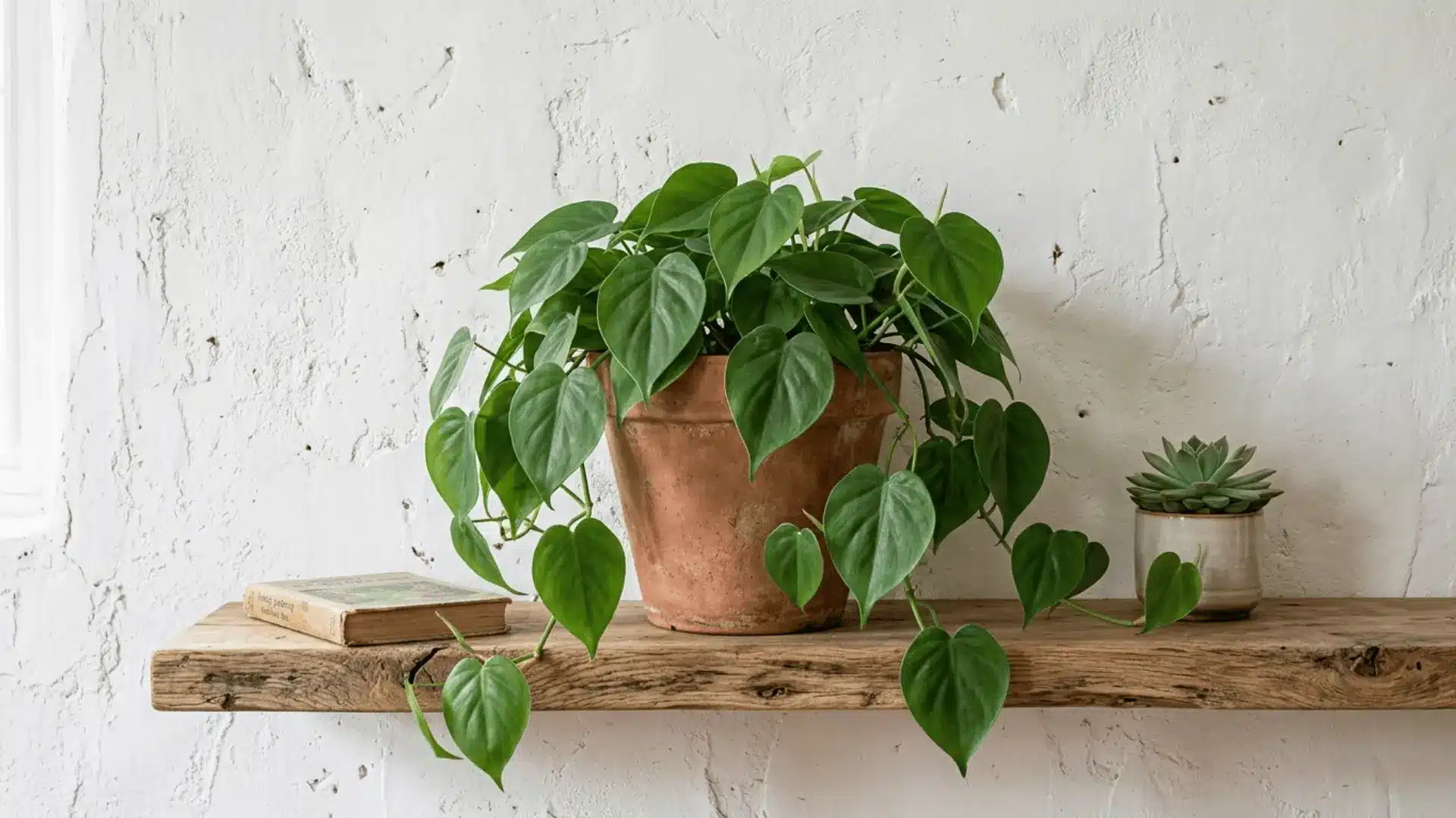 heartleaf philodendron with trailing vines in a terracotta pot on a wooden shelf against a white wall