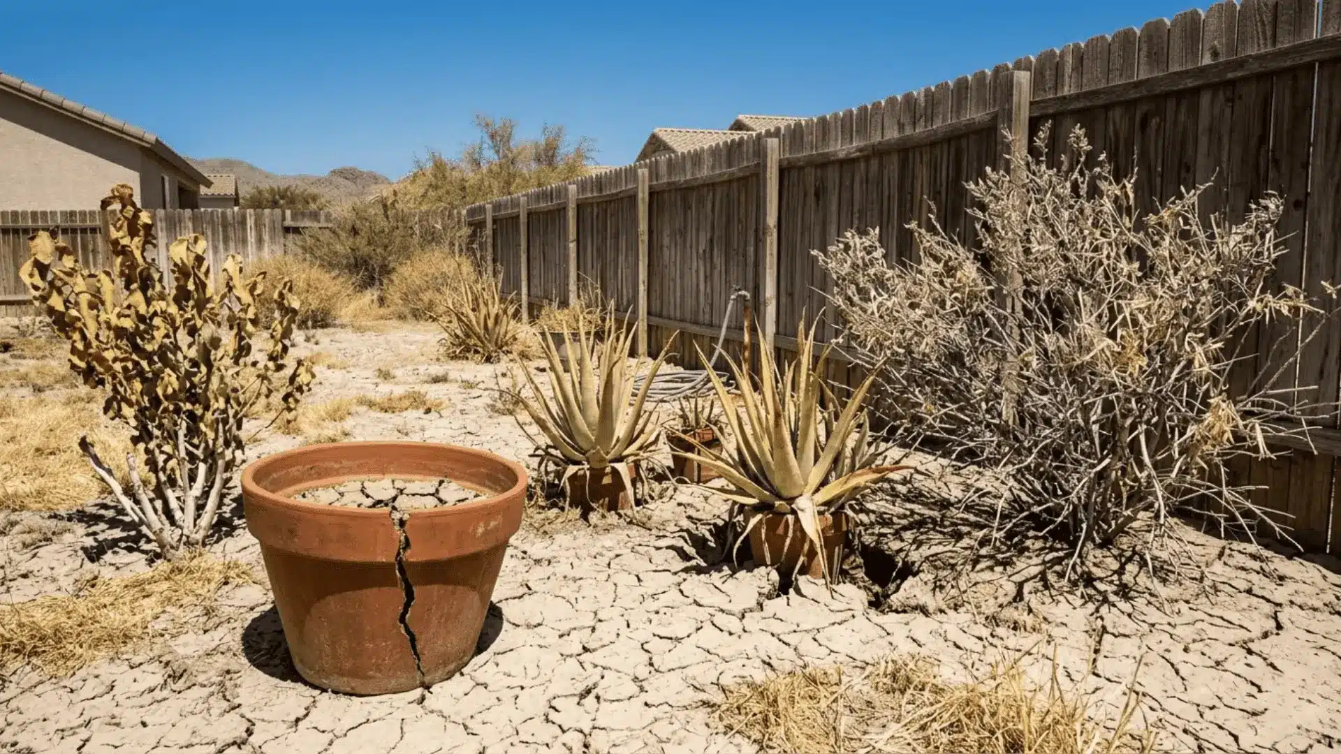 heat-stressed plants with scorched brown leaves and cracked dry soil under intense desert midday sun