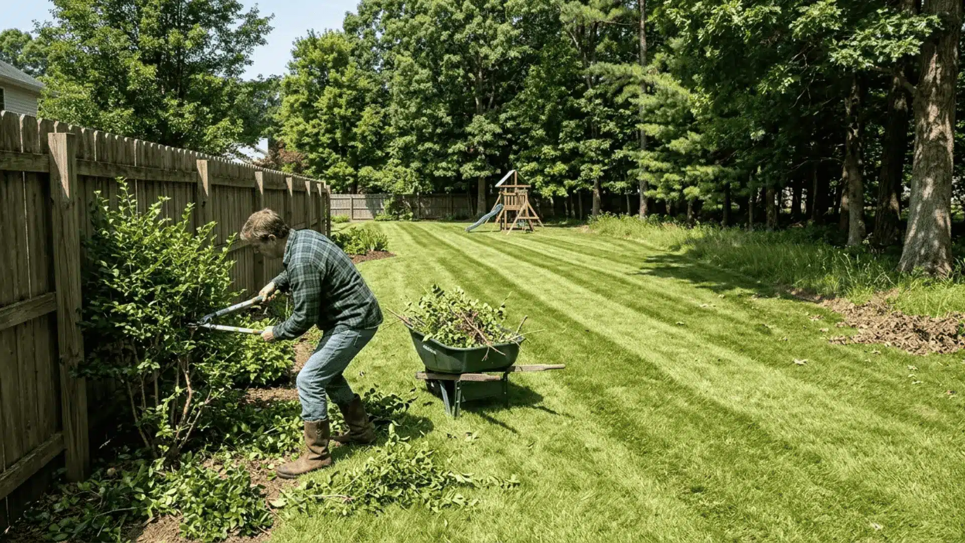 homeowner trimming shrubs along a sunny fence line with a mowed lawn and play set visible nearby