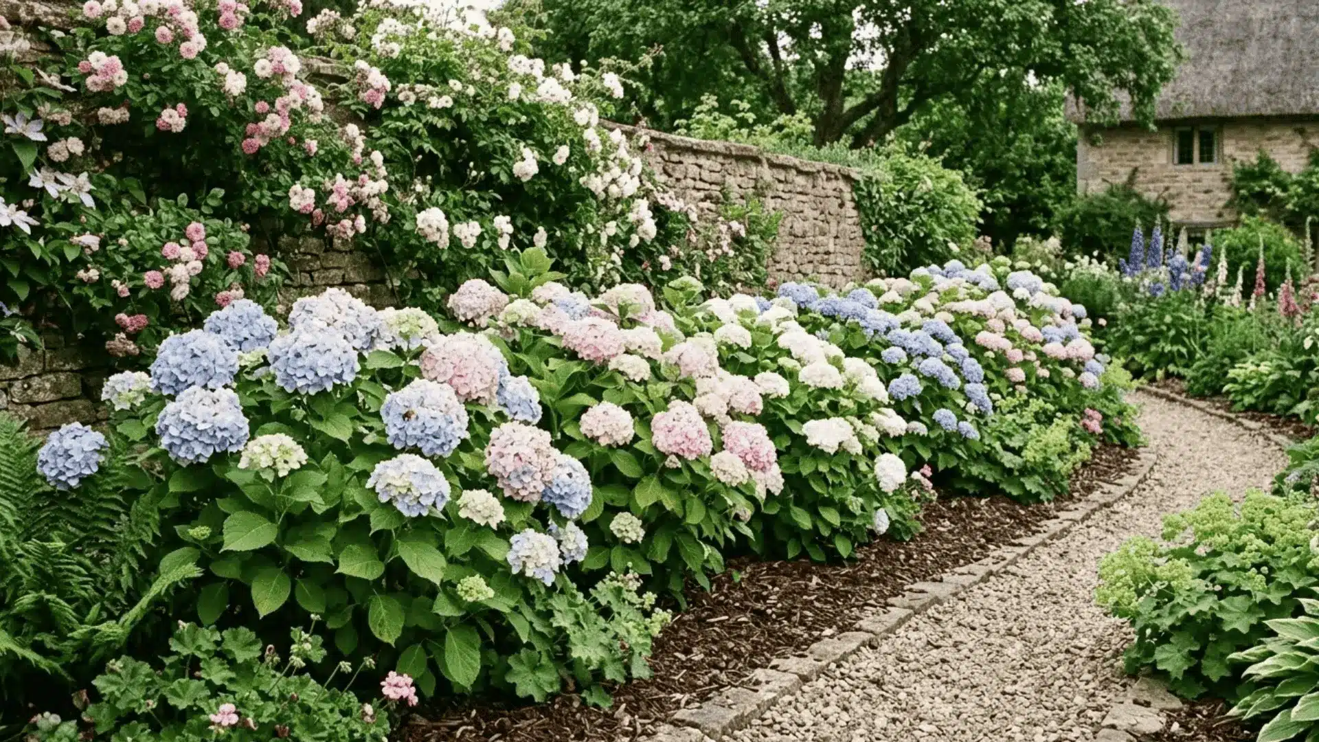 hydrangea shrubs with large blooms in blue and pink tones growing along a summer garden border