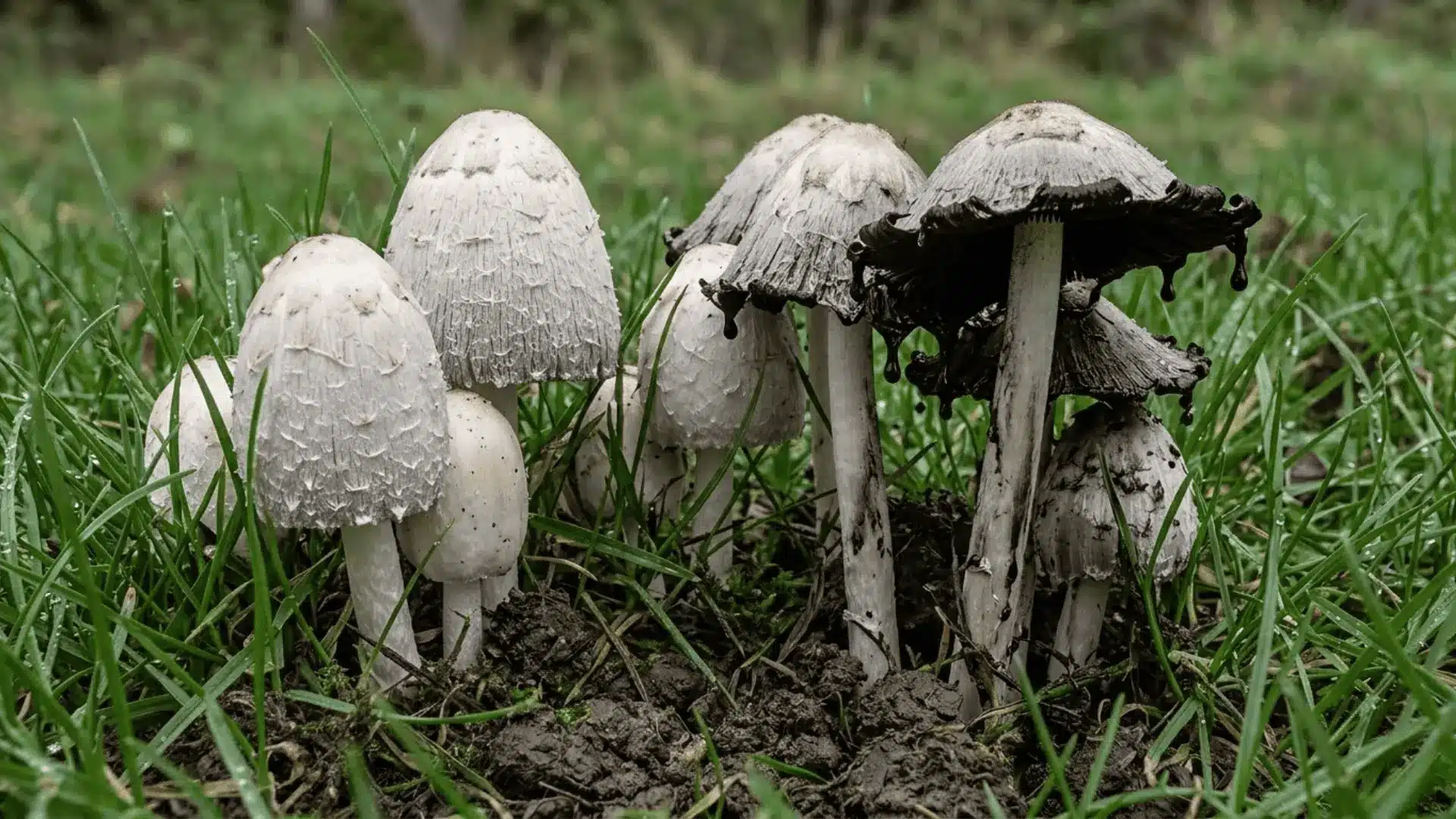 inkcap mushrooms at various stages of dissolving into black liquid in damp grass