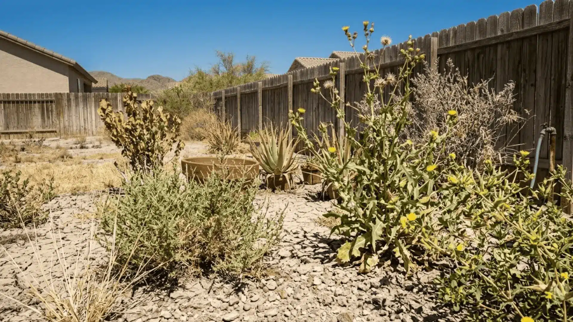 invasive weeds growing aggressively through dry cracked desert yard soil overtaking struggling ornamental plants