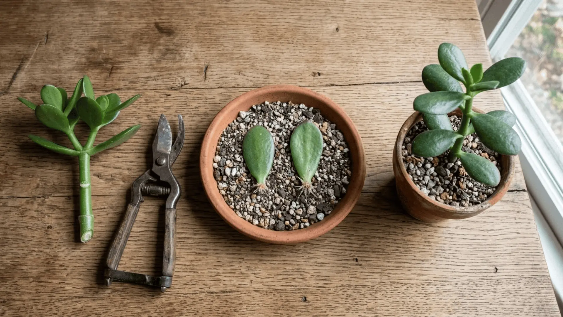 jade plant propagation stages showing a stem cutting, leaf on soil, and a rooted cutting in a small pot