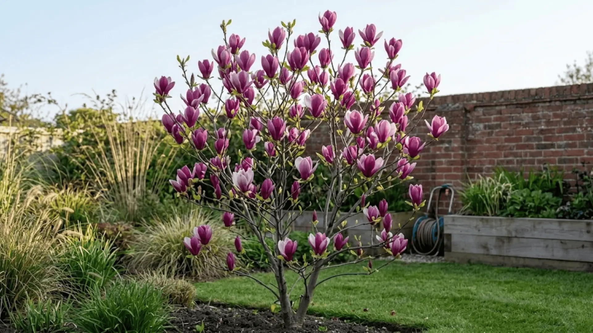 jane magnolia tree with deep reddish purple tulip-shaped blooms and emerging foliage in a suburban garden