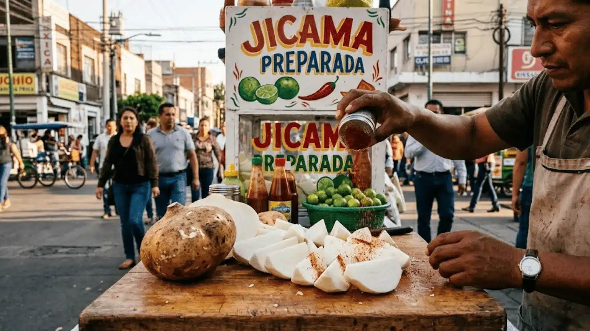 jicama wedges being sprinkled with chili powder at a mexico city street food cart