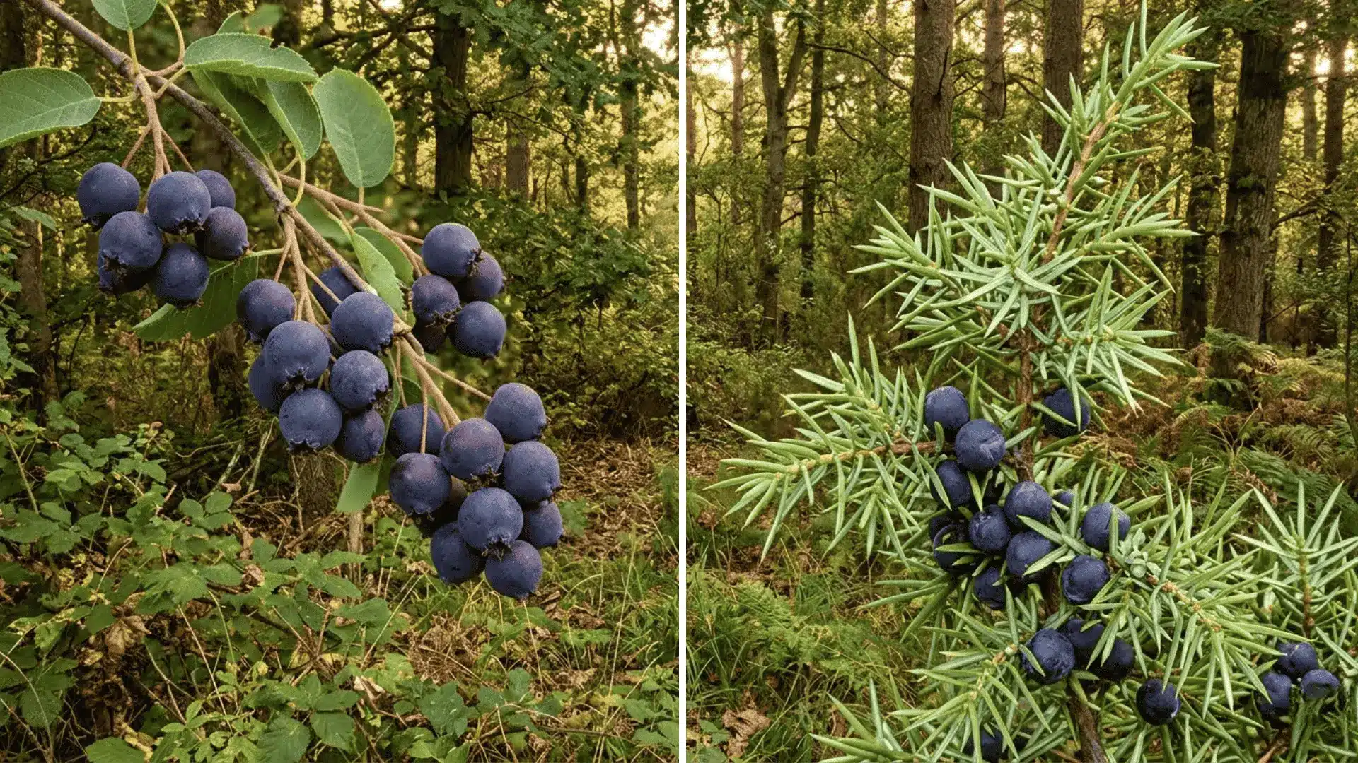 juneberry and juniper berry branches side by side in golden hour woodland light