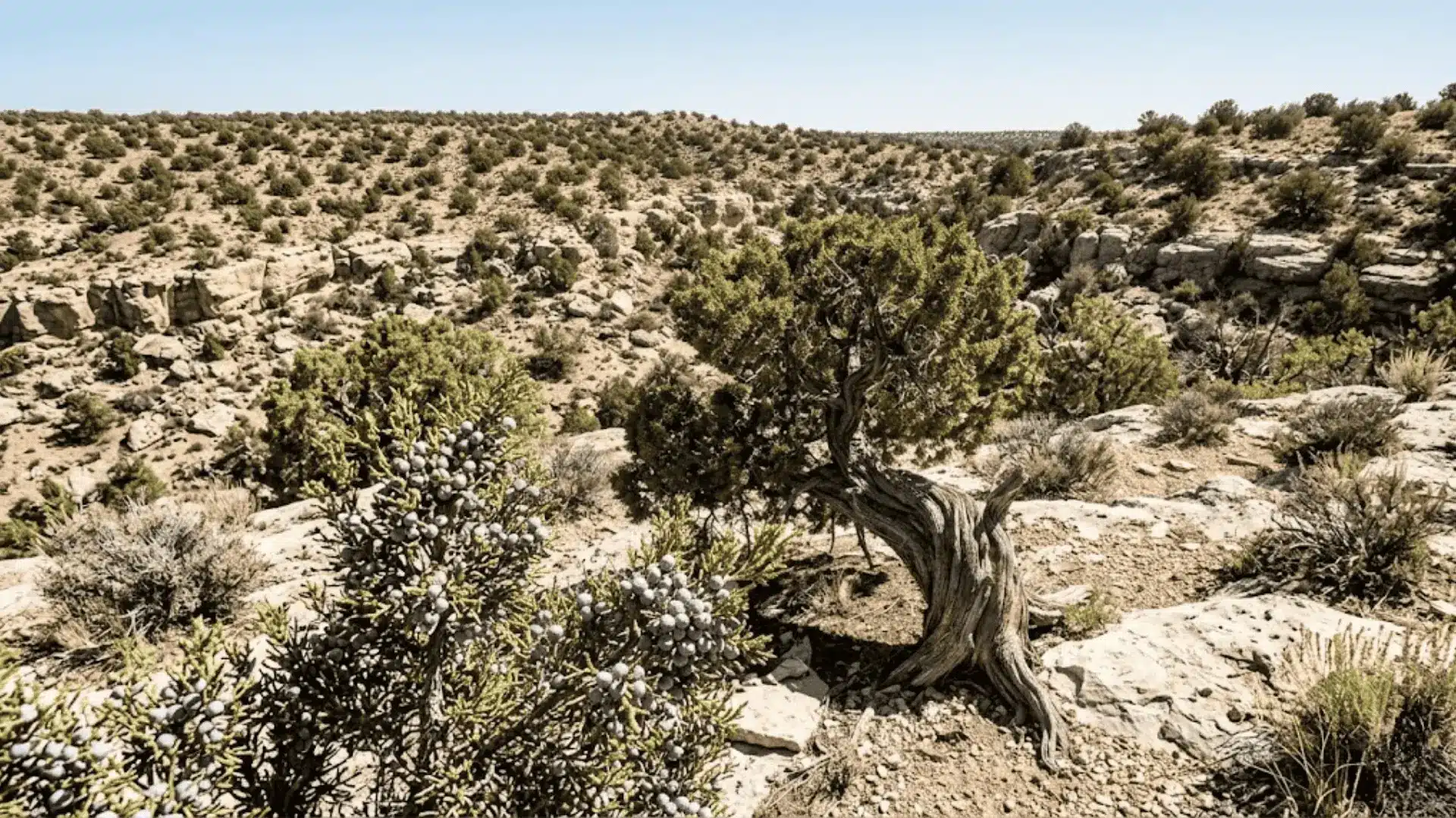 juniper with scale-like foliage and waxy blue berry-like cones growing on arid rocky terrain in full sun