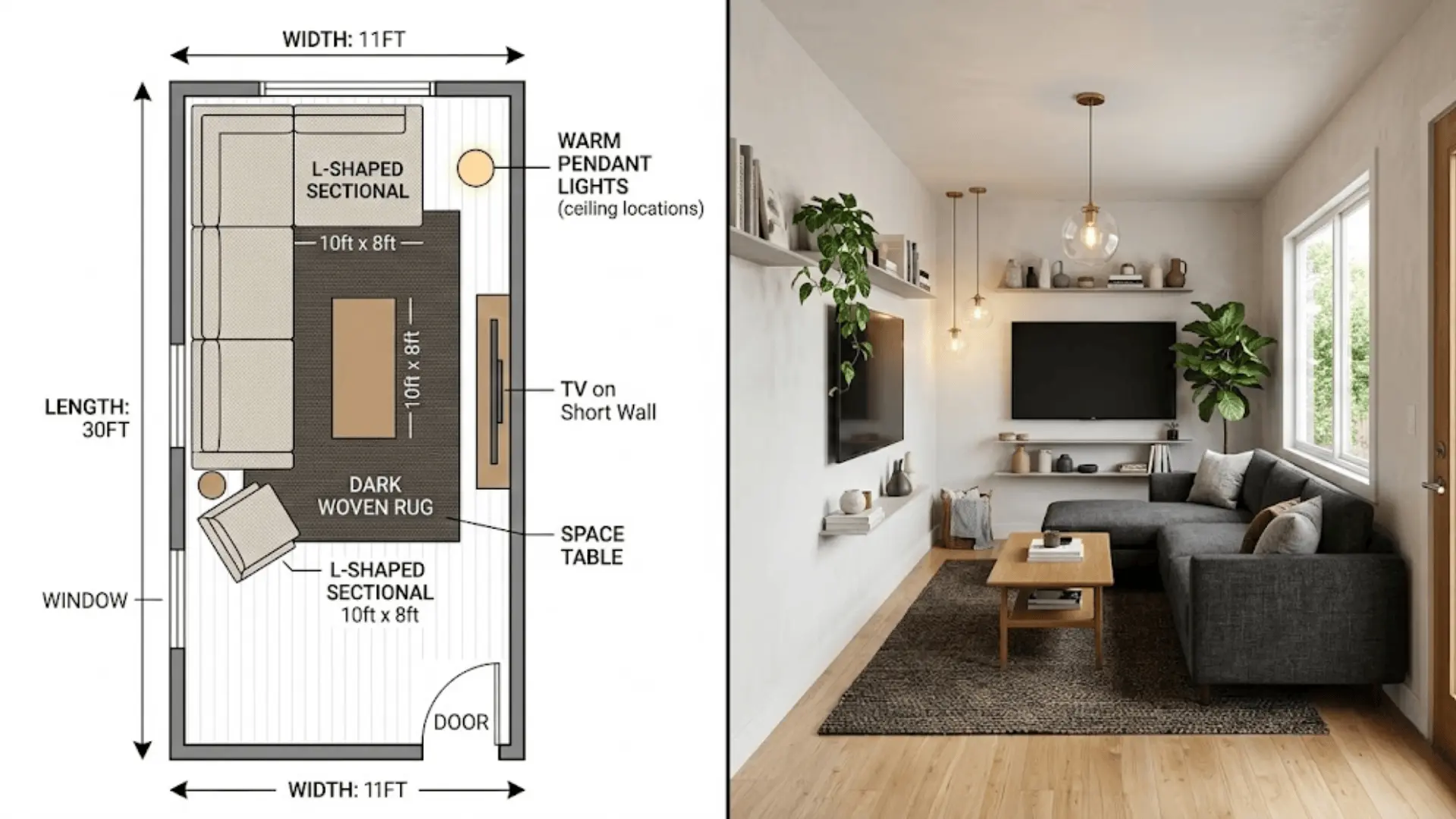 l-shaped sectional layout for long narrow rectangular living room with tv on short wall