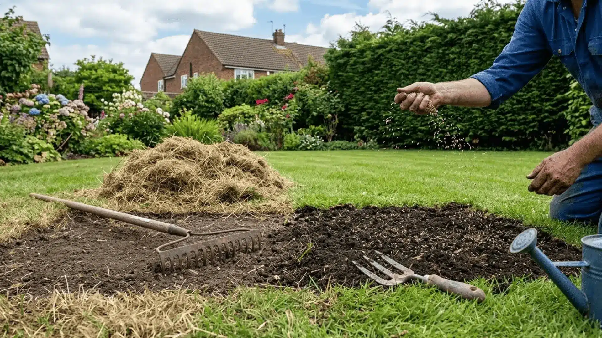lawn patch repair in progress with rake, loosened soil, and grass seed being scattered by hand in daylight (1)