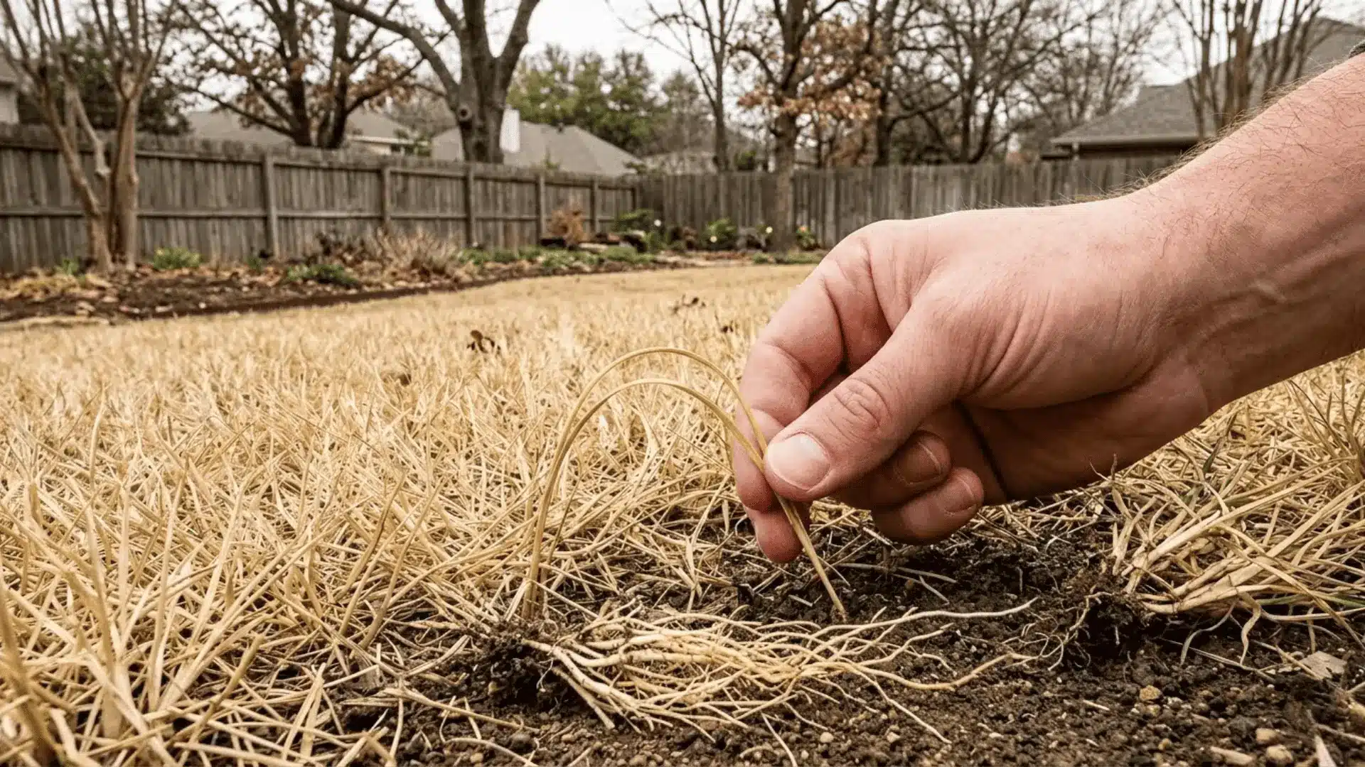 lawn patch repair in progress with rake, loosened soil, and grass seed being scattered by hand in daylight